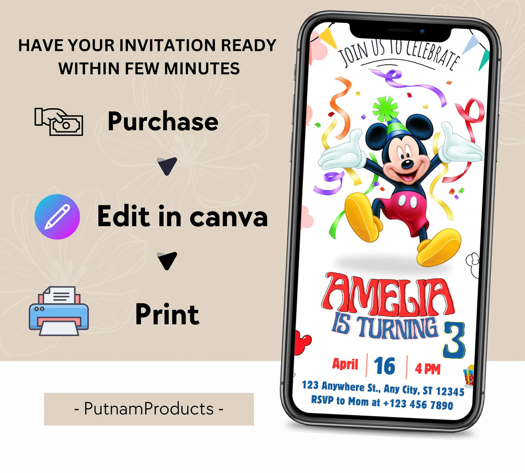 Mickey Mouse Birthday Invitation | Editable & Printable Template | Cute Mickey Mouse Party Invite| Disney Friend Birthday| Editable Template