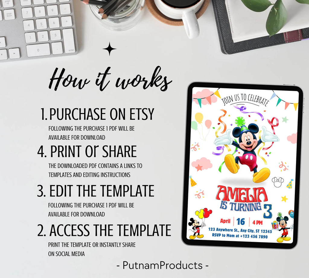 Mickey Mouse Birthday Invitation | Editable & Printable Template | Cute Mickey Mouse Party Invite| Disney Friend Birthday| Editable Template