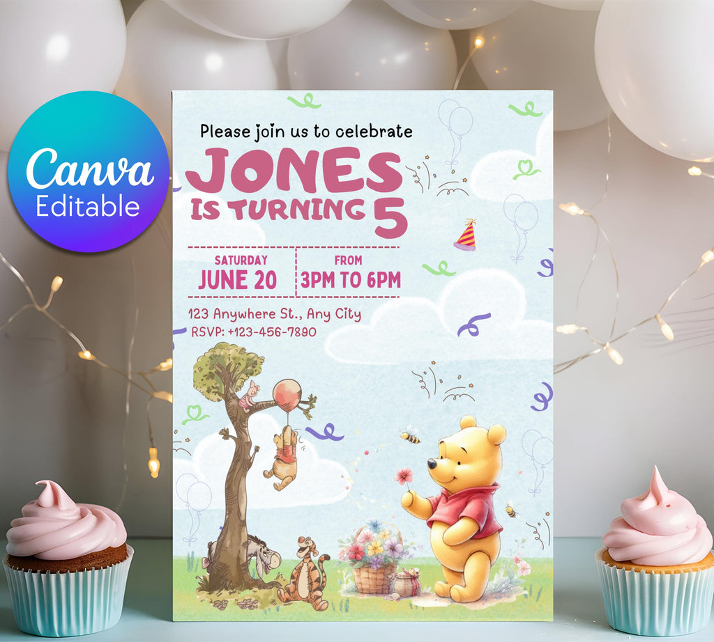 Winnie The Pooh Birthday Invitation Template| Printable Birthday Party Invitations| Digital Kids Party Invites Bday Card | Editable Template