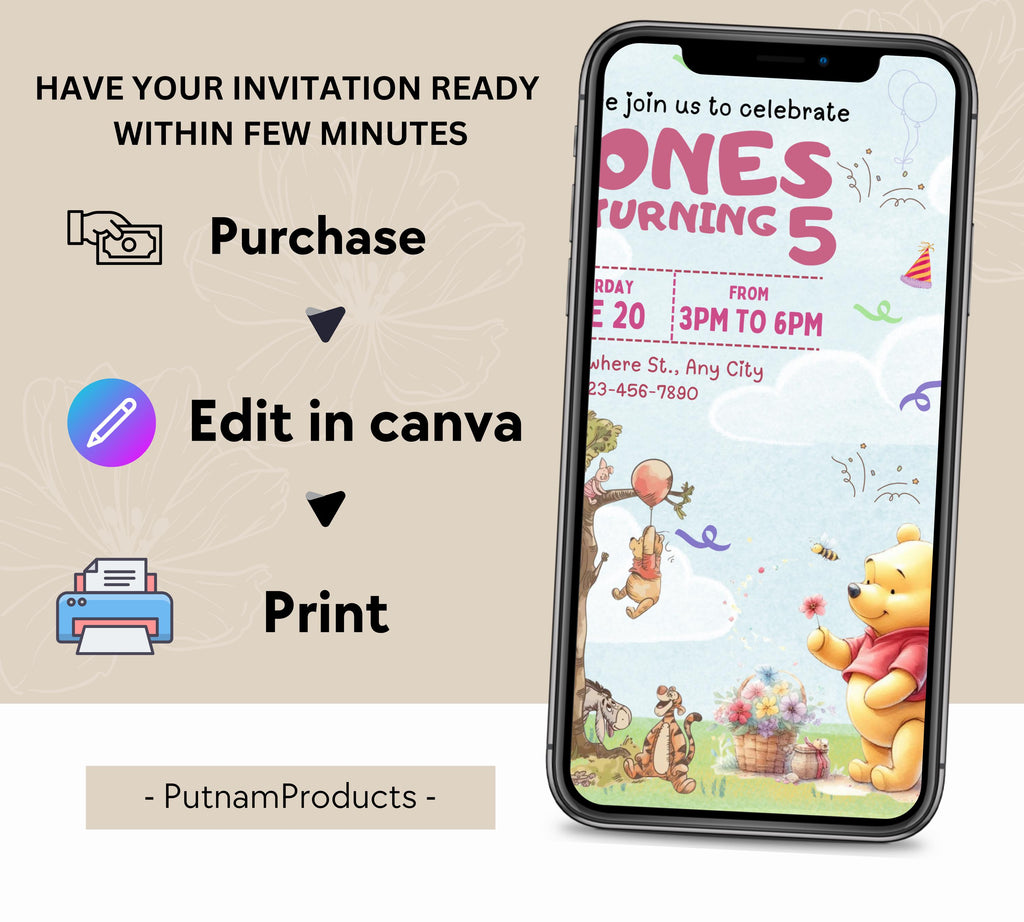 Winnie The Pooh Birthday Invitation Template| Printable Birthday Party Invitations| Digital Kids Party Invites Bday Card | Editable Template