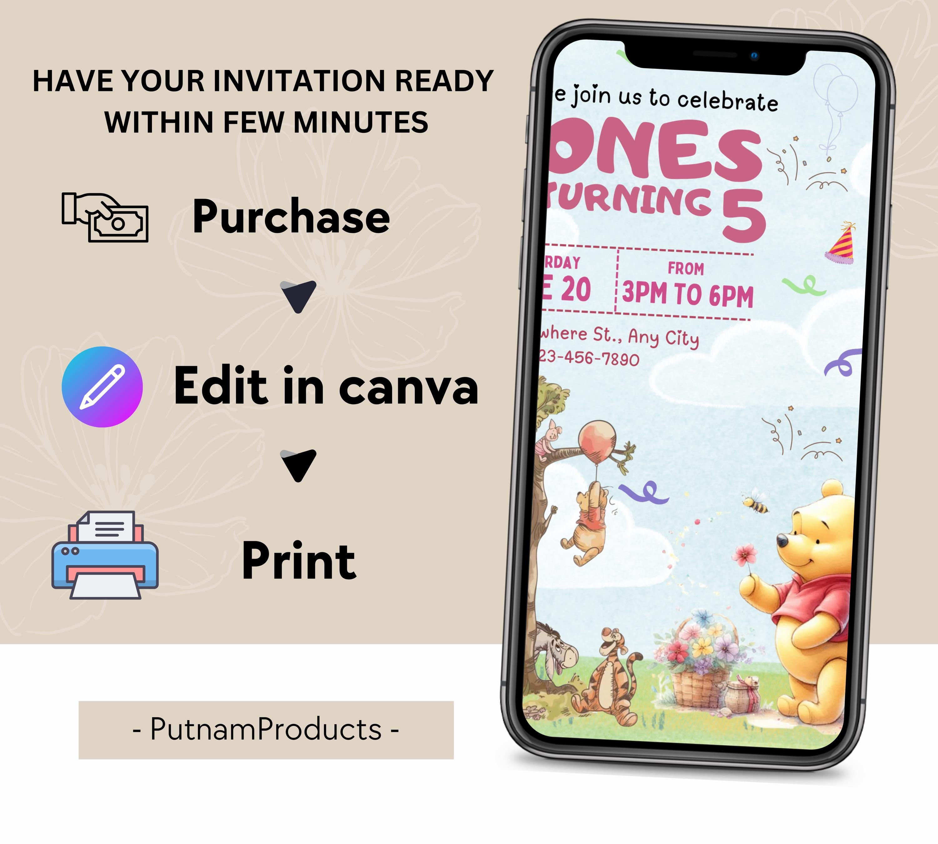Winnie The Pooh Birthday Invitation Template| Printable Birthday Party Invitations| Digital Kids Party Invites Bday Card | Editable Template