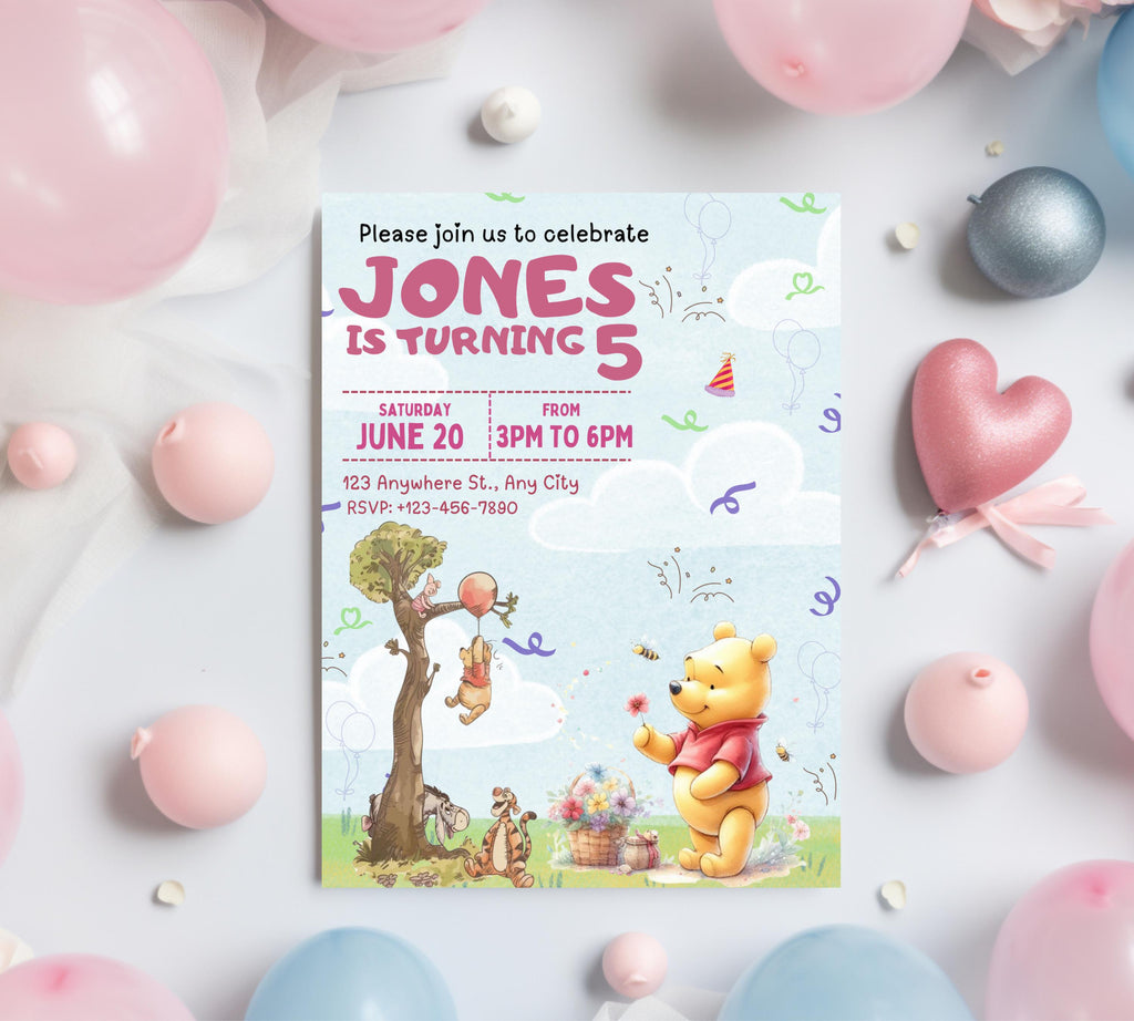 Winnie The Pooh Birthday Invitation Template| Printable Birthday Party Invitations| Digital Kids Party Invites Bday Card | Editable Template