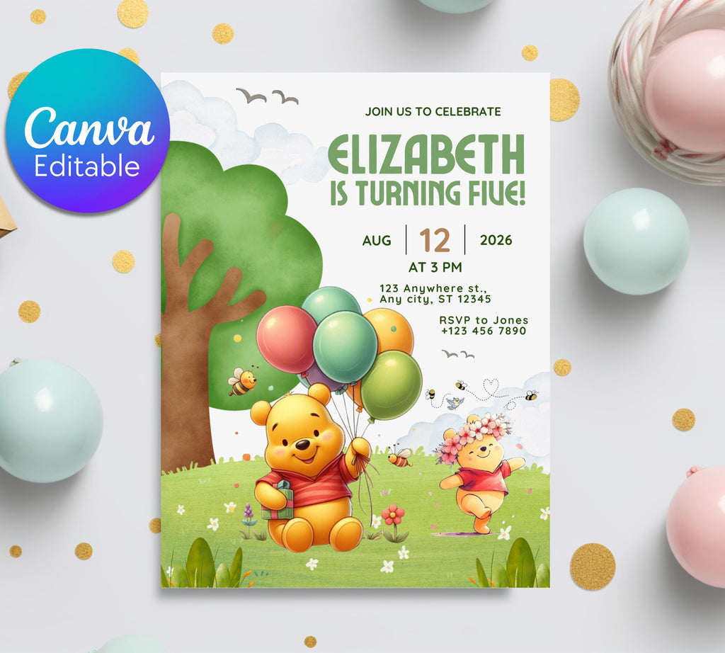 Winnie The Pooh Birthday Invitation| Birthday Party Invitations| Digital Kids Party Evite Bday Card| Winnie The Pooh Card| Editable Template