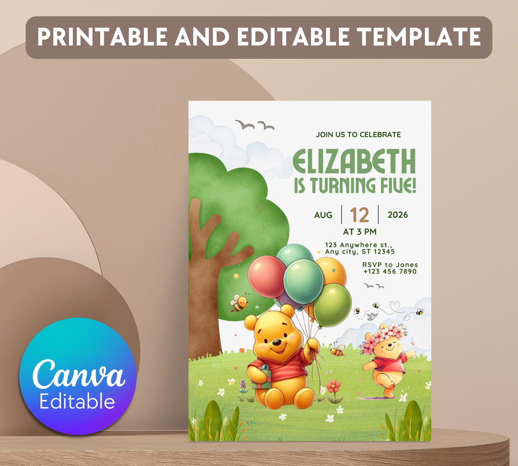 Winnie The Pooh Birthday Invitation| Birthday Party Invitations| Digital Kids Party Evite Bday Card| Winnie The Pooh Card| Editable Template