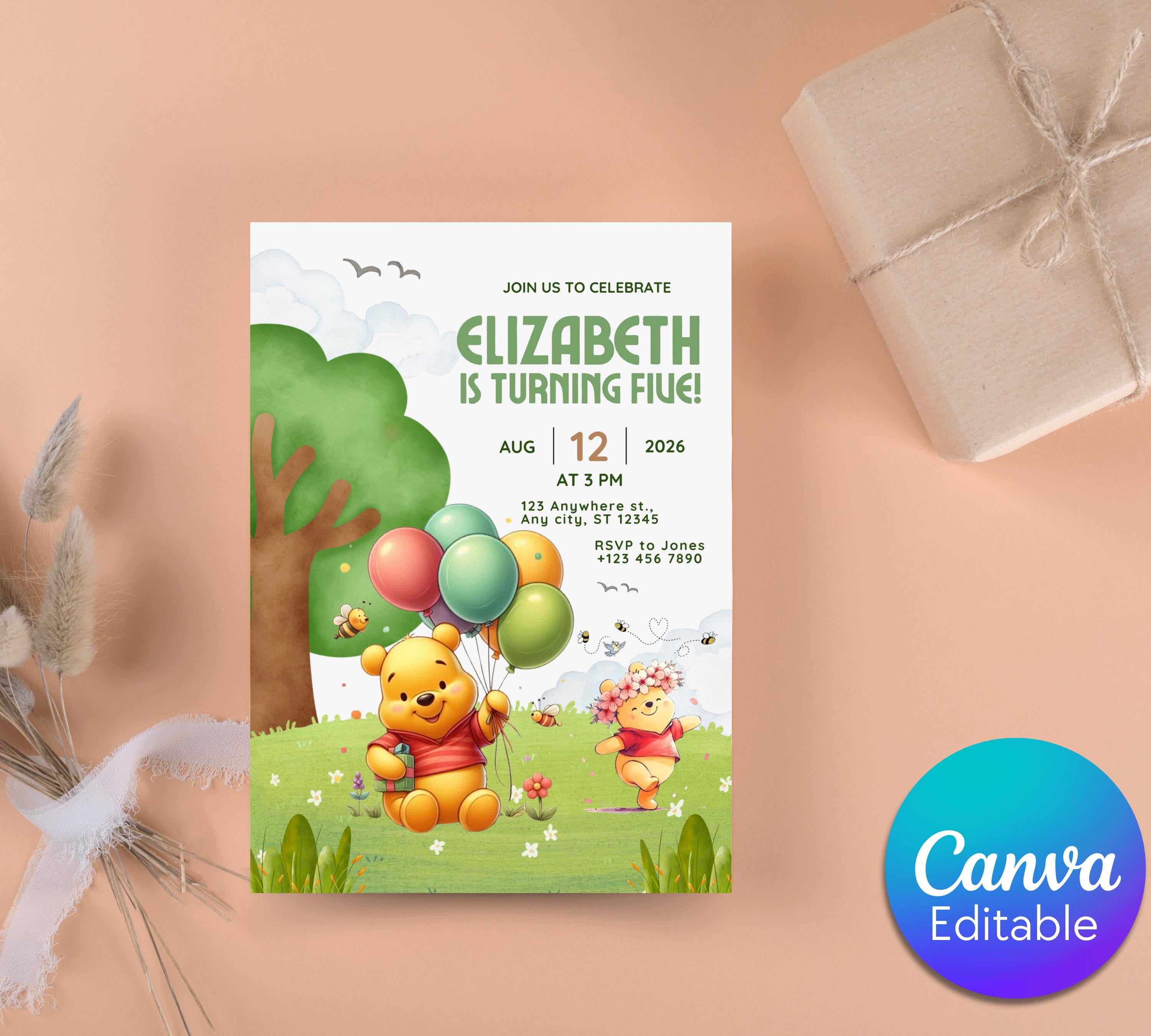 Winnie The Pooh Birthday Invitation| Birthday Party Invitations| Digital Kids Party Evite Bday Card| Winnie The Pooh Card| Editable Template