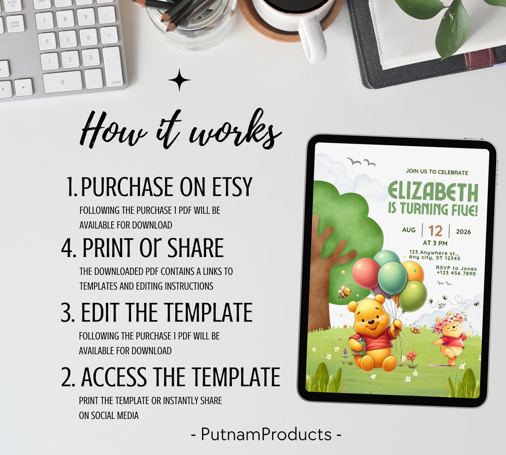 Winnie The Pooh Birthday Invitation| Birthday Party Invitations| Digital Kids Party Evite Bday Card| Winnie The Pooh Card| Editable Template