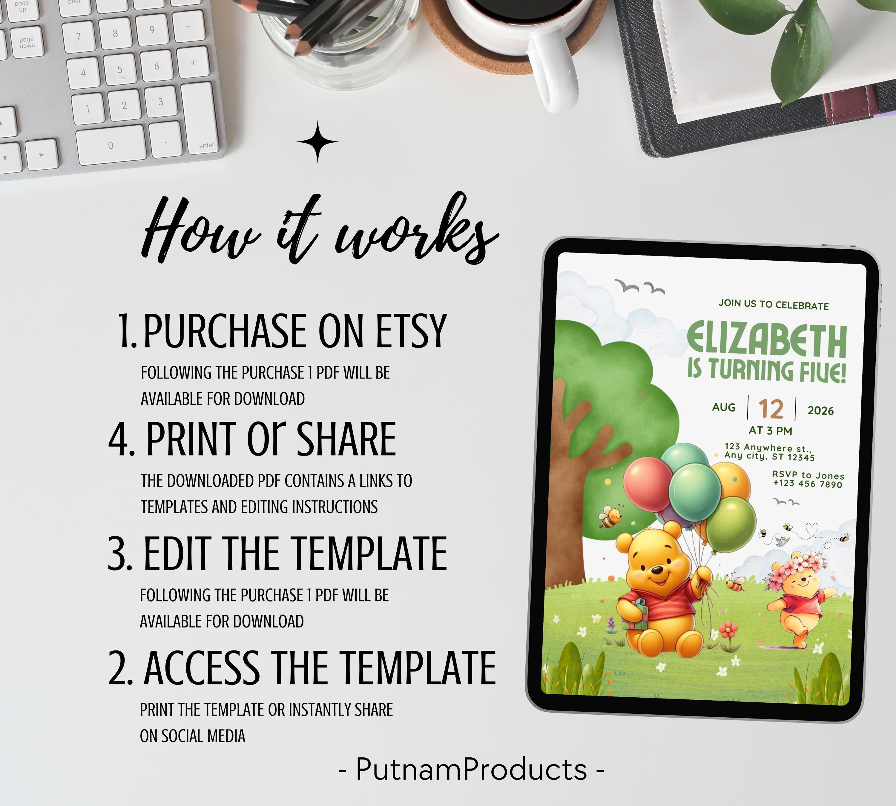 Winnie The Pooh Birthday Invitation| Birthday Party Invitations| Digital Kids Party Evite Bday Card| Winnie The Pooh Card| Editable Template