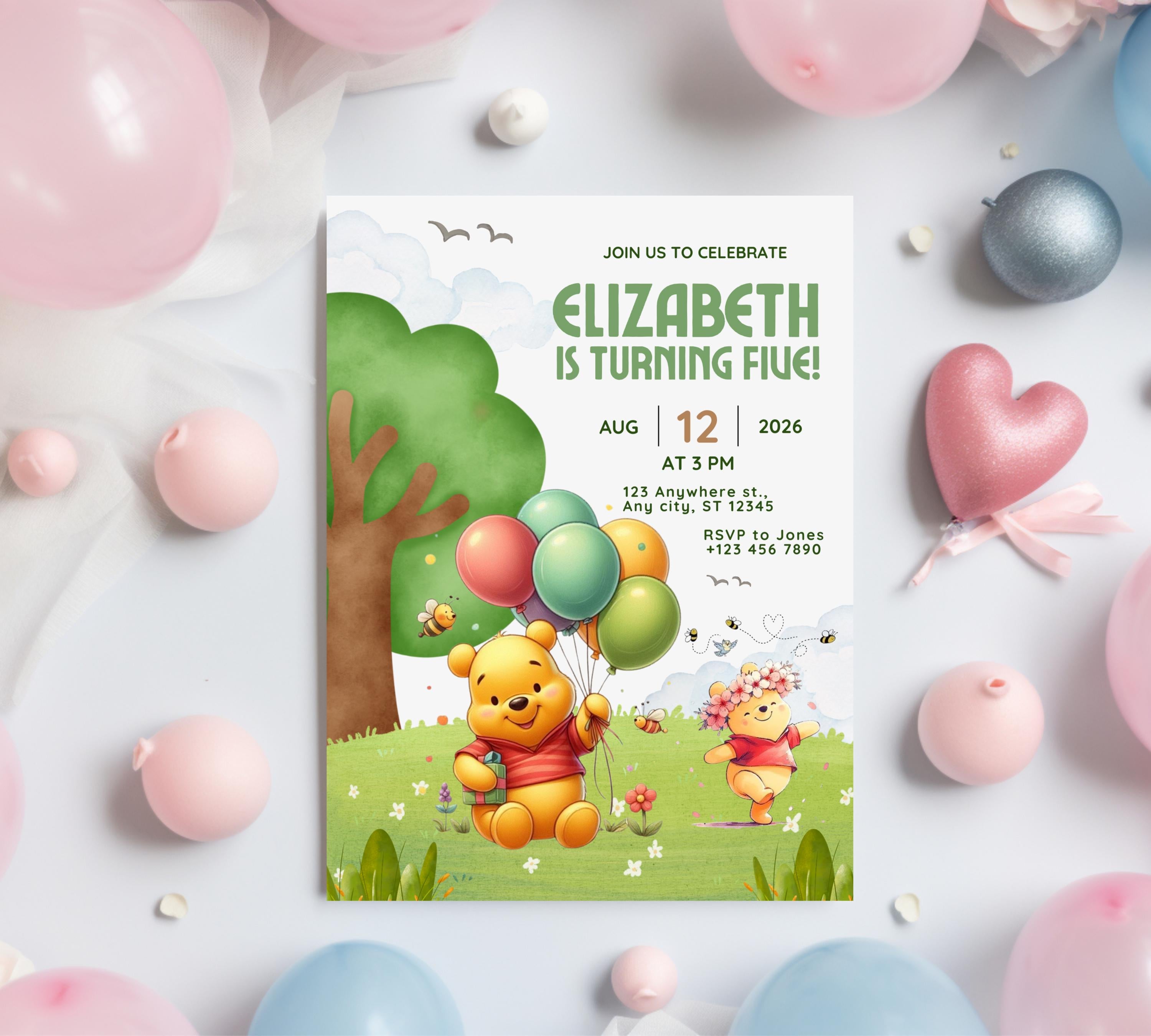 Winnie The Pooh Birthday Invitation| Birthday Party Invitations| Digital Kids Party Evite Bday Card| Winnie The Pooh Card| Editable Template