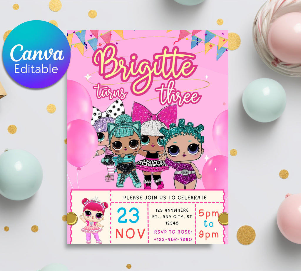 Little Doll Birthday Invitation| Lola Kid Invitation| Pink Doll Party Invitation| Little Pink Doll Birthday Invitations| Editable Template