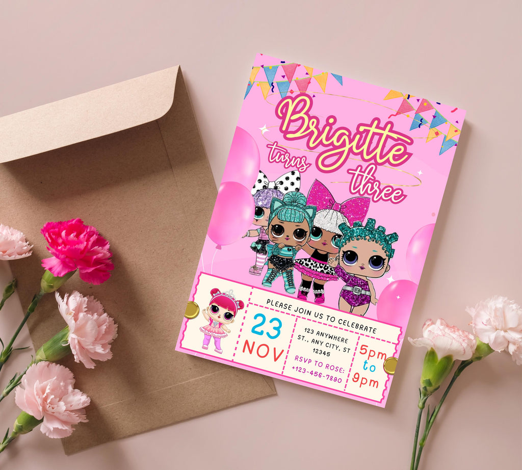 Little Doll Birthday Invitation| Lola Kid Invitation| Pink Doll Party Invitation| Little Pink Doll Birthday Invitations| Editable Template