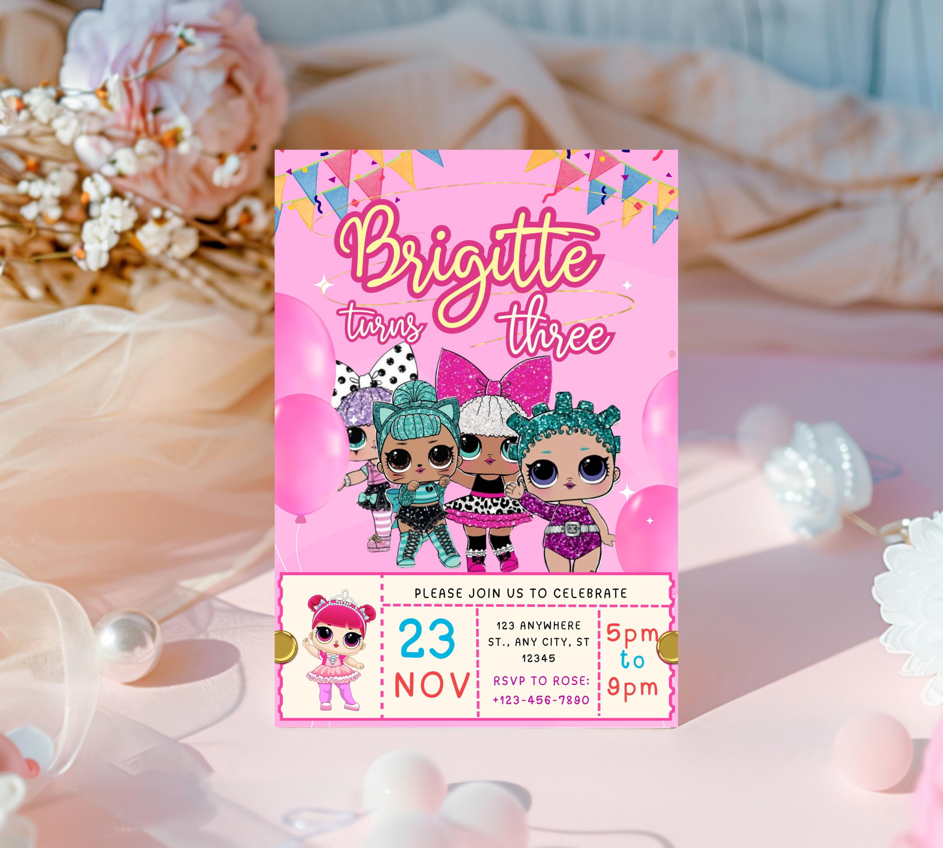 Little Doll Birthday Invitation| Lola Kid Invitation| Pink Doll Party Invitation| Little Pink Doll Birthday Invitations| Editable Template