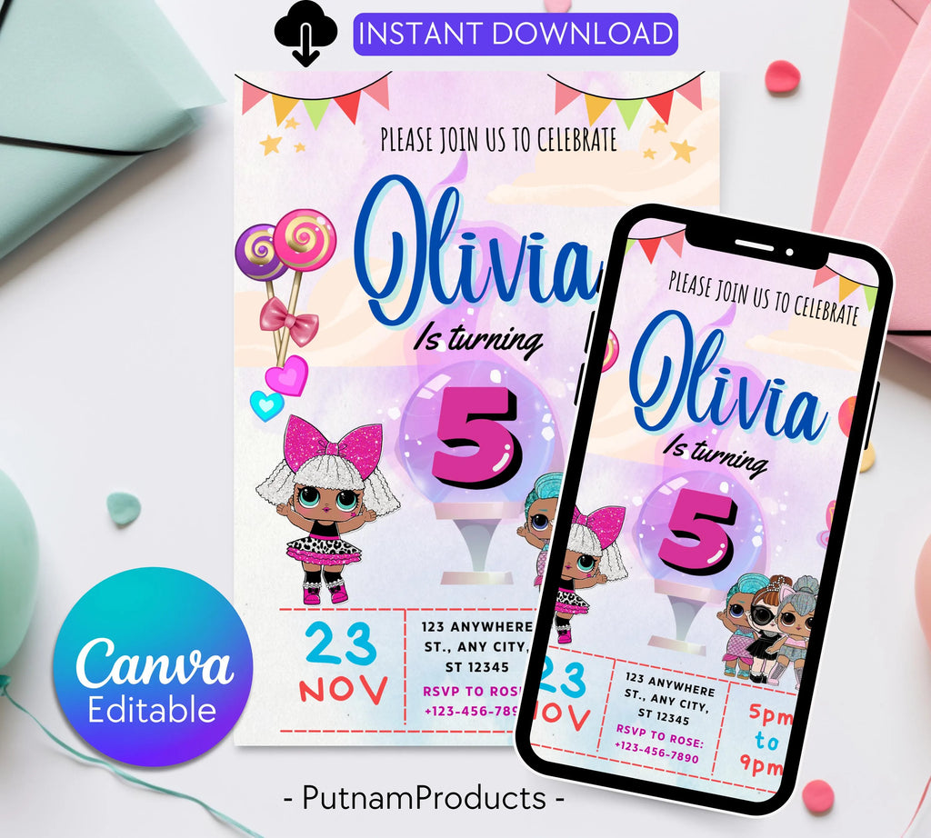 Little Doll Birthday Invitation| Cute Doll Birthday Digital Card| Fashion Doll Birthday Invite| Girl Birthday Invitation| Editable Template