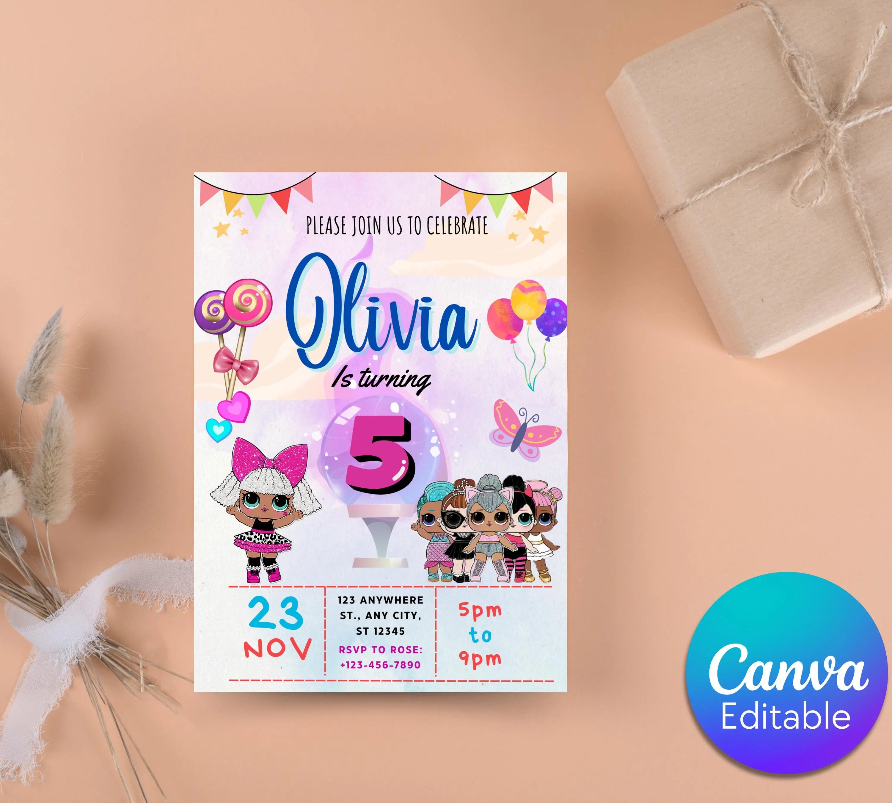 Little Doll Birthday Invitation| Cute Doll Birthday Digital Card| Fashion Doll Birthday Invite| Girl Birthday Invitation| Editable Template