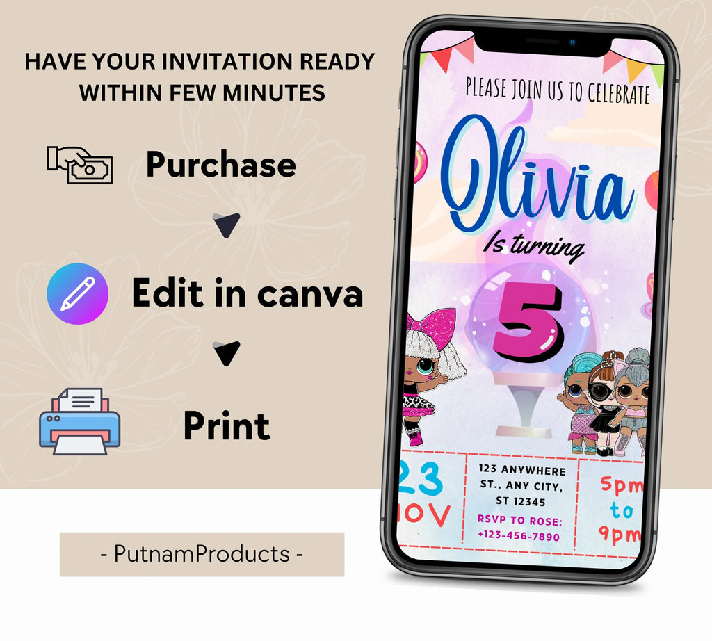 Little Doll Birthday Invitation| Cute Doll Birthday Digital Card| Fashion Doll Birthday Invite| Girl Birthday Invitation| Editable Template