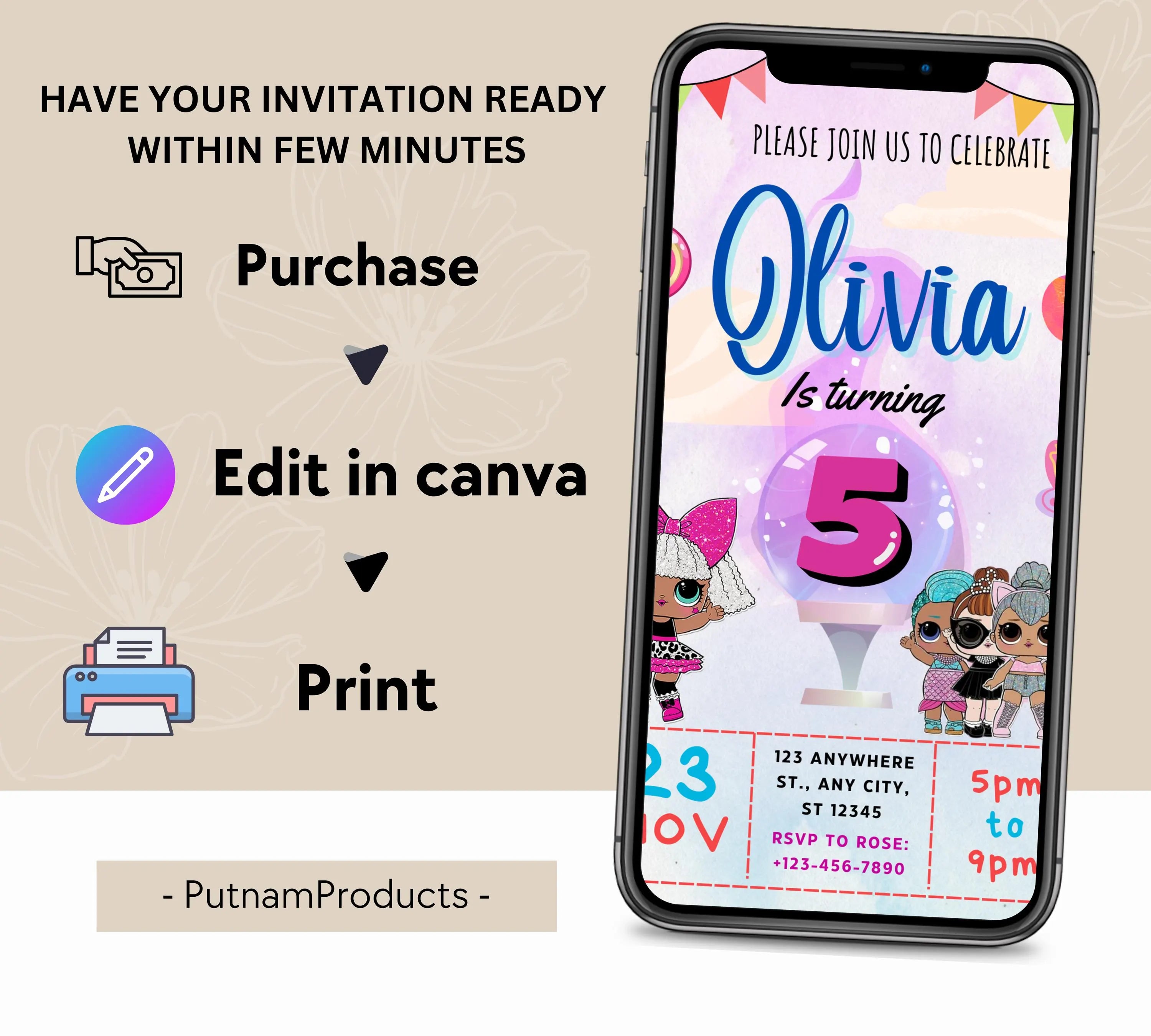 Little Doll Birthday Invitation| Cute Doll Birthday Digital Card| Fashion Doll Birthday Invite| Girl Birthday Invitation| Editable Template
