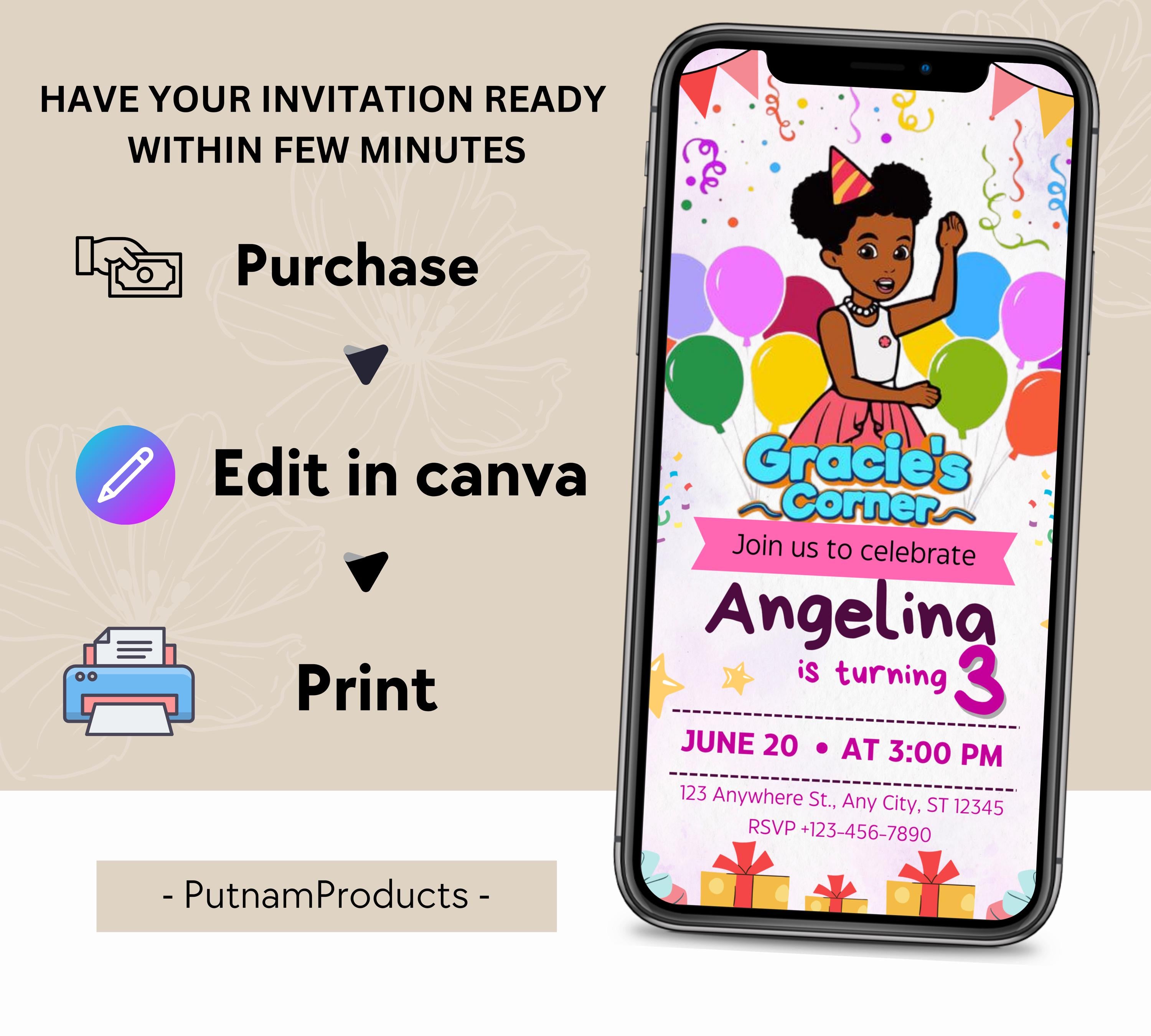 Gracie’s Corner Birthday Invitation| Editable Invitation| Instant Download Evite| Gracies invitation| Bday Party For Girl| Editable Template