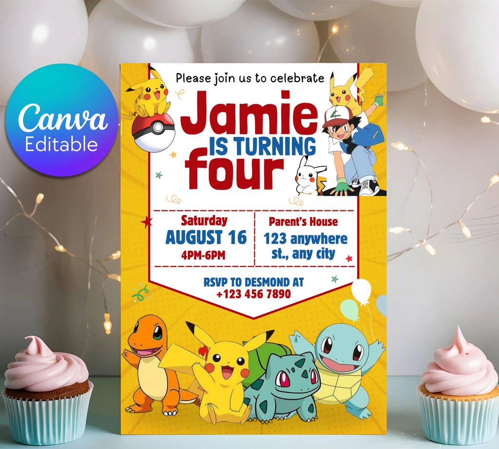 Pokemon Invitation | Editable Invitation | Kids Birthday Invitation | Pokemon Party | Pikachu Card Birthday Boy Invites|  Editable Template
