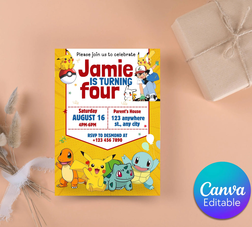 Pokemon Invitation | Editable Invitation | Kids Birthday Invitation | Pokemon Party | Pikachu Card Birthday Boy Invites|  Editable Template