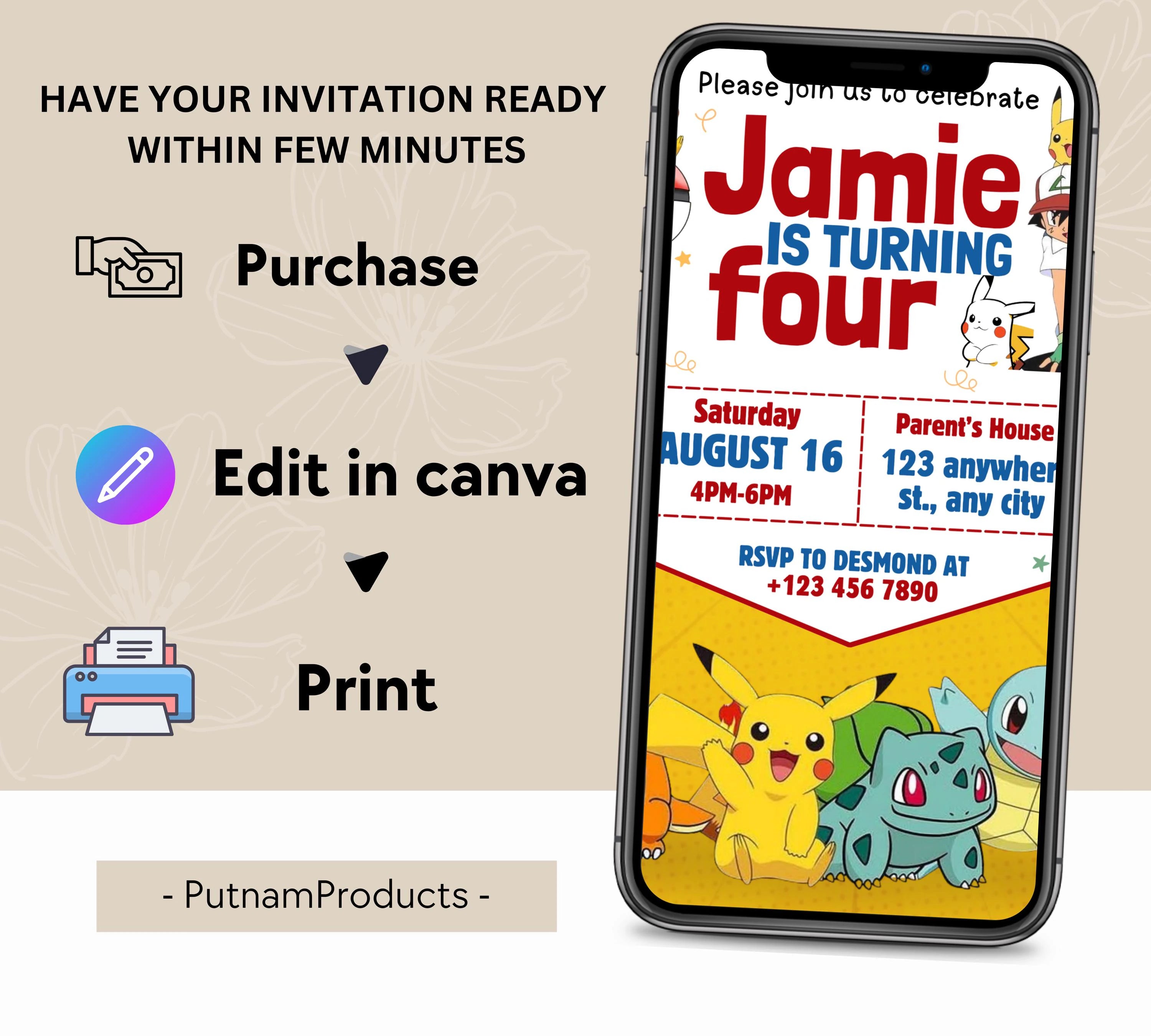 Pokemon Invitation | Editable Invitation | Kids Birthday Invitation | Pokemon Party | Pikachu Card Birthday Boy Invites|  Editable Template