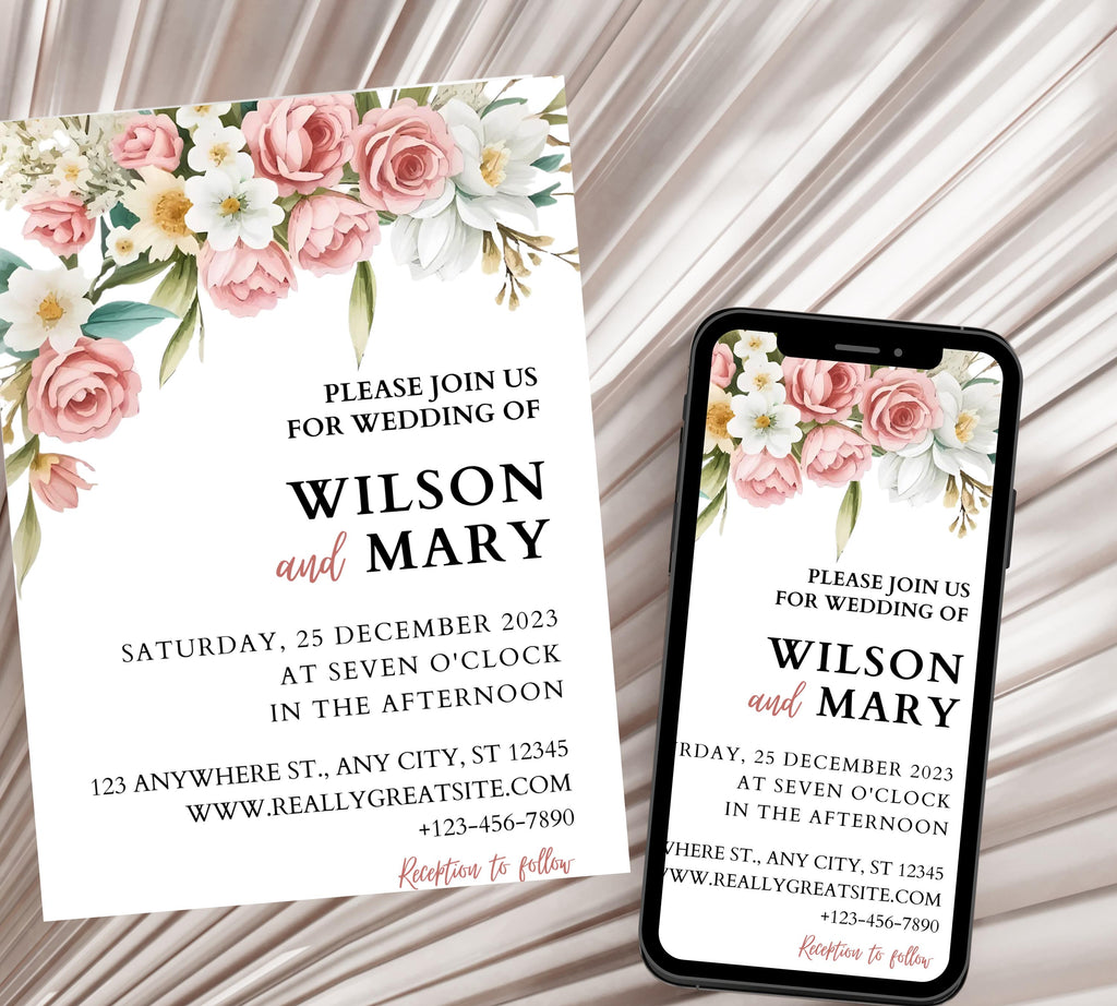 Blush Rose Garden Wedding Invitation, Pink Wildflower Wedding Invitation Suite, Garden Wedding Invitation, Dusty Pink Wedding Invite