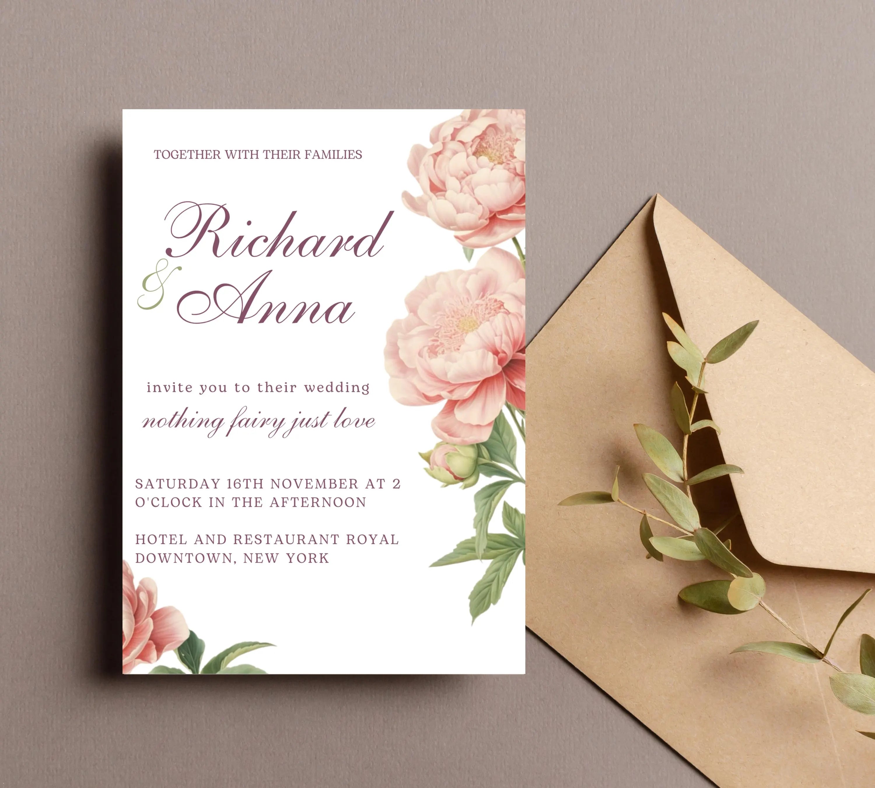 Elegant Peony Floral Wedding Invitation, Pink Peony Wedding Invitation, Blush Pink flowers Wedding Invitation, PEONY Wedding Invitation