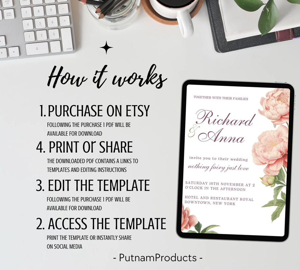 Elegant Peony Floral Wedding Invitation, Pink Peony Wedding Invitation, Blush Pink flowers Wedding Invitation, PEONY Wedding Invitation