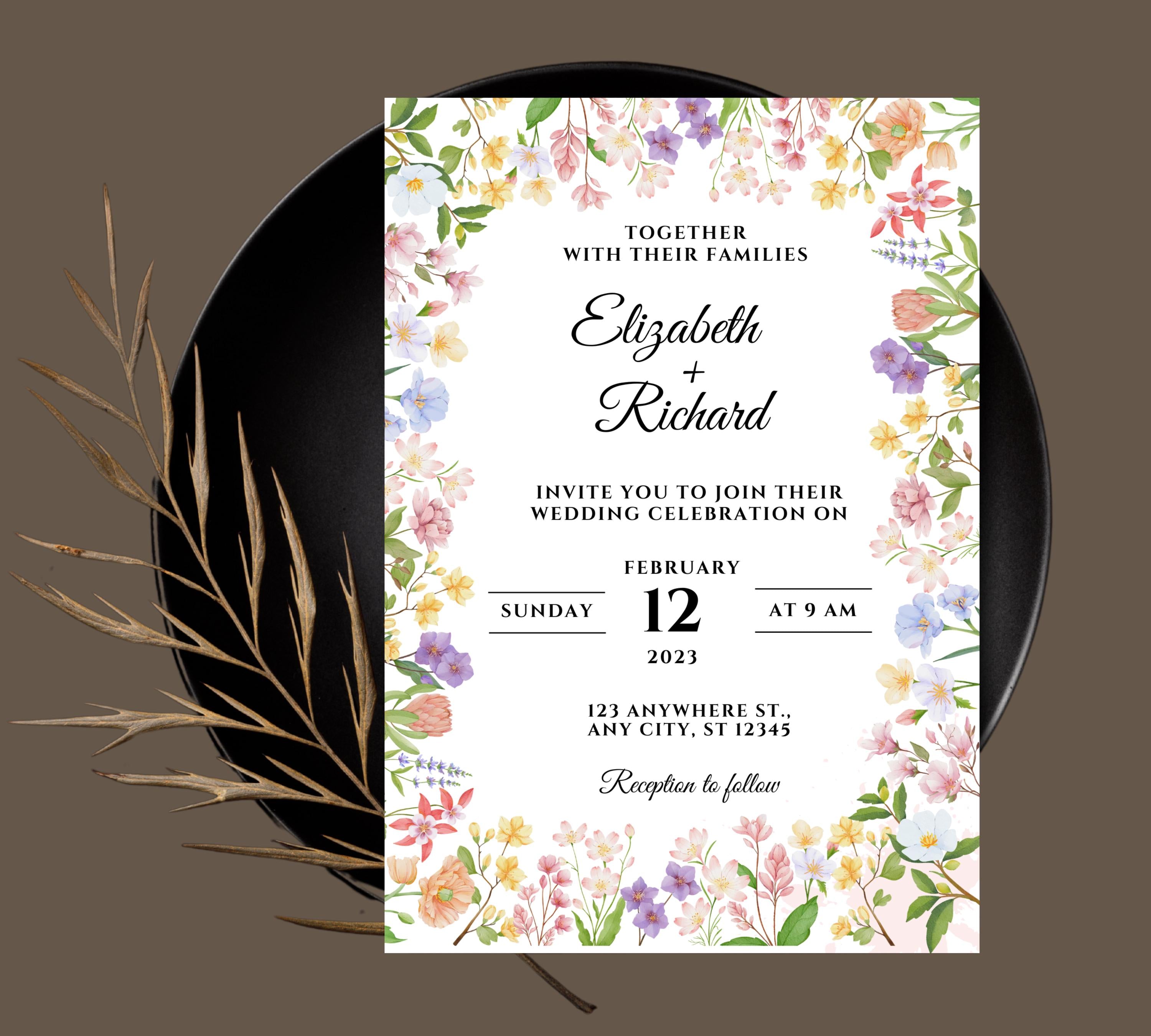 Rustic Wildflower Wedding Invitation, Wildflowers Wedding Invitation Template, Floral Wedding Invitation, Spring Wild Flower Wedding Invite