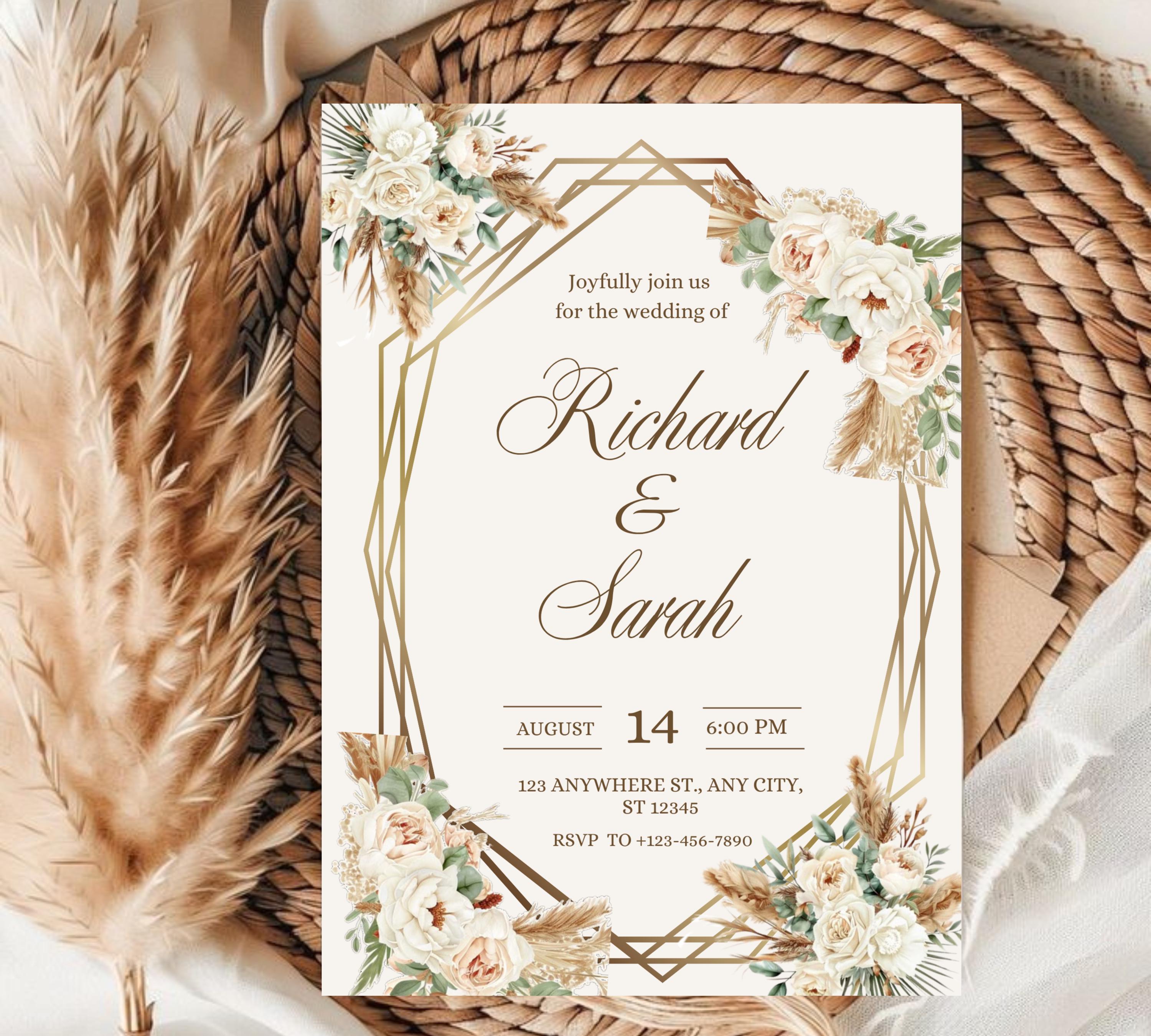 Watercolor Floral Boho Wedding Invitation set, RSVP QR Code, Boho Watercolor Wedding Invite, Bohemian Wedding Template Suite