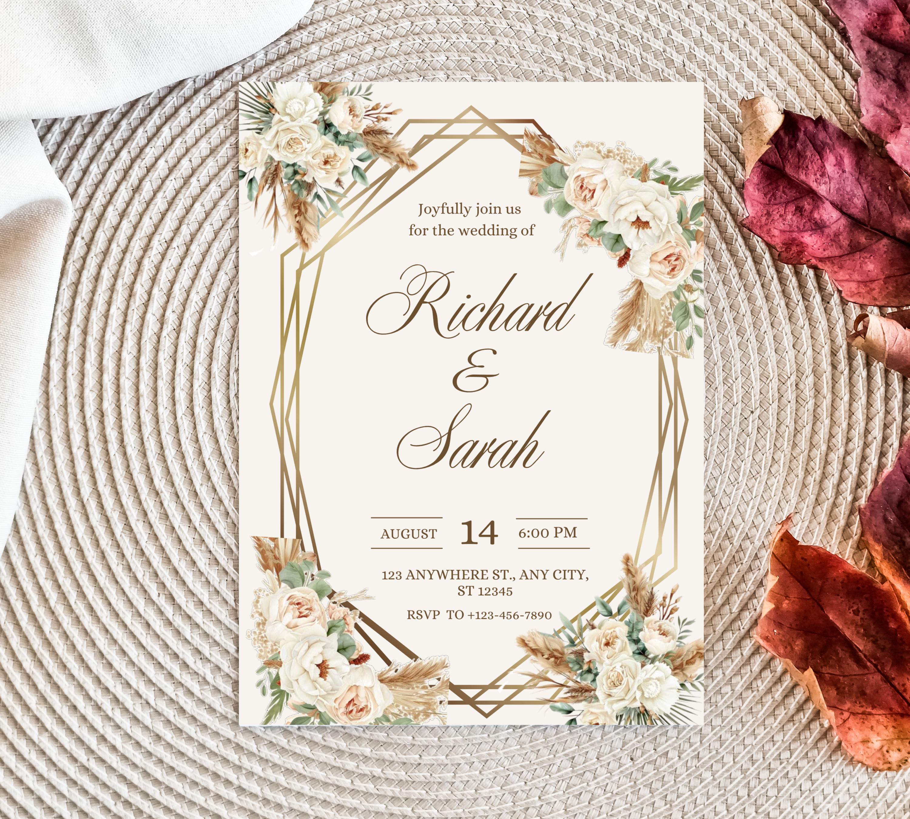 Watercolor Floral Boho Wedding Invitation set, RSVP QR Code, Boho Watercolor Wedding Invite, Bohemian Wedding Template Suite