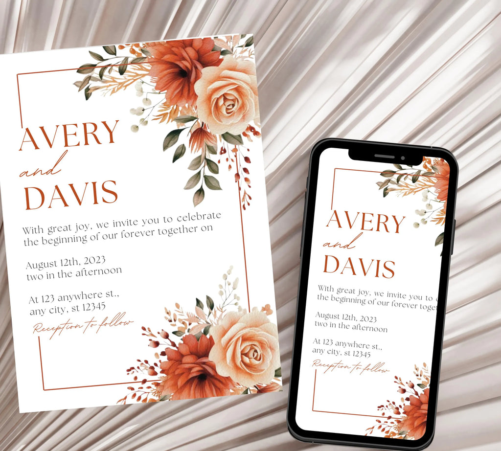 Autumn Floral Wedding Invitation, Fall Wildflower Wedding Invitation Suite, Fall Floral Wedding Invitation, Burnt Orange Rose Wedding Invite