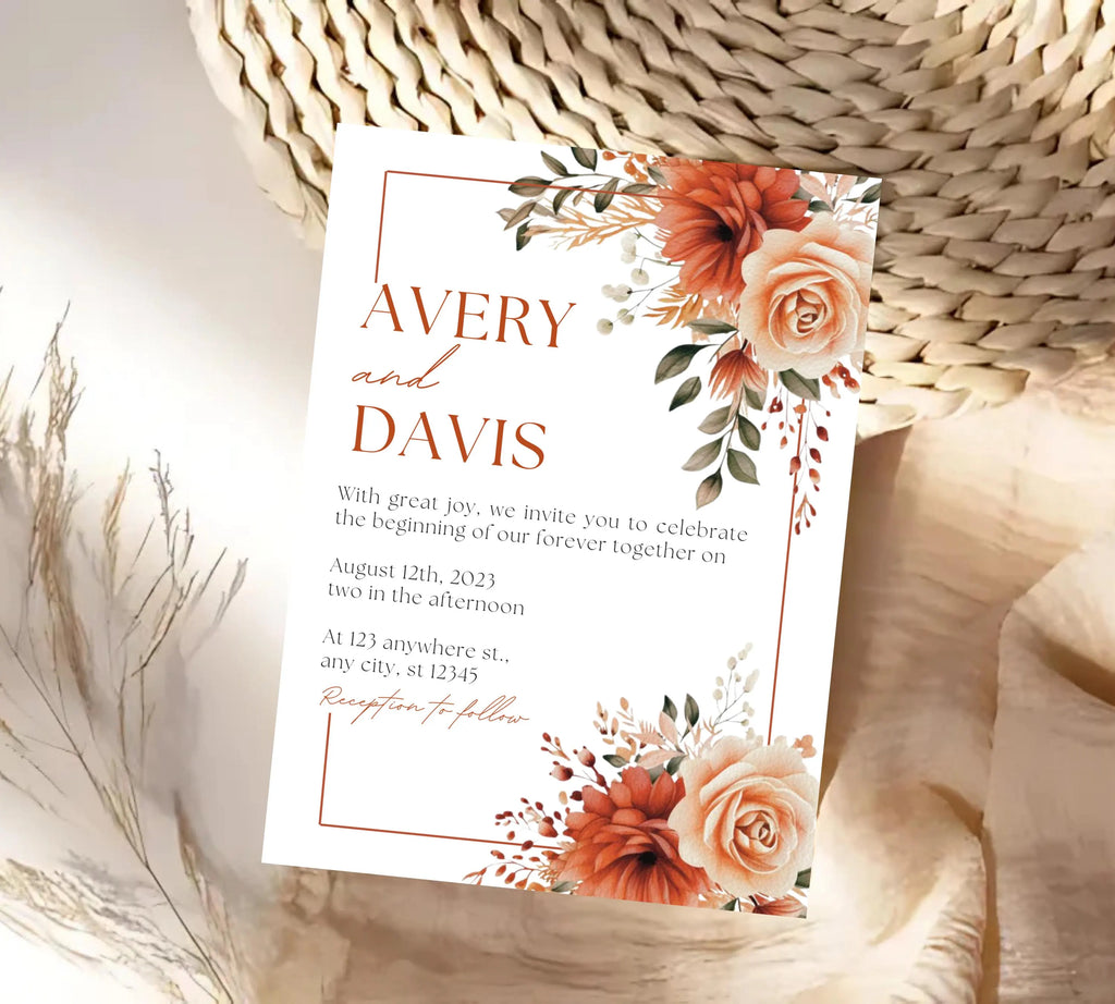 Autumn Floral Wedding Invitation, Fall Wildflower Wedding Invitation Suite, Fall Floral Wedding Invitation, Burnt Orange Rose Wedding Invite