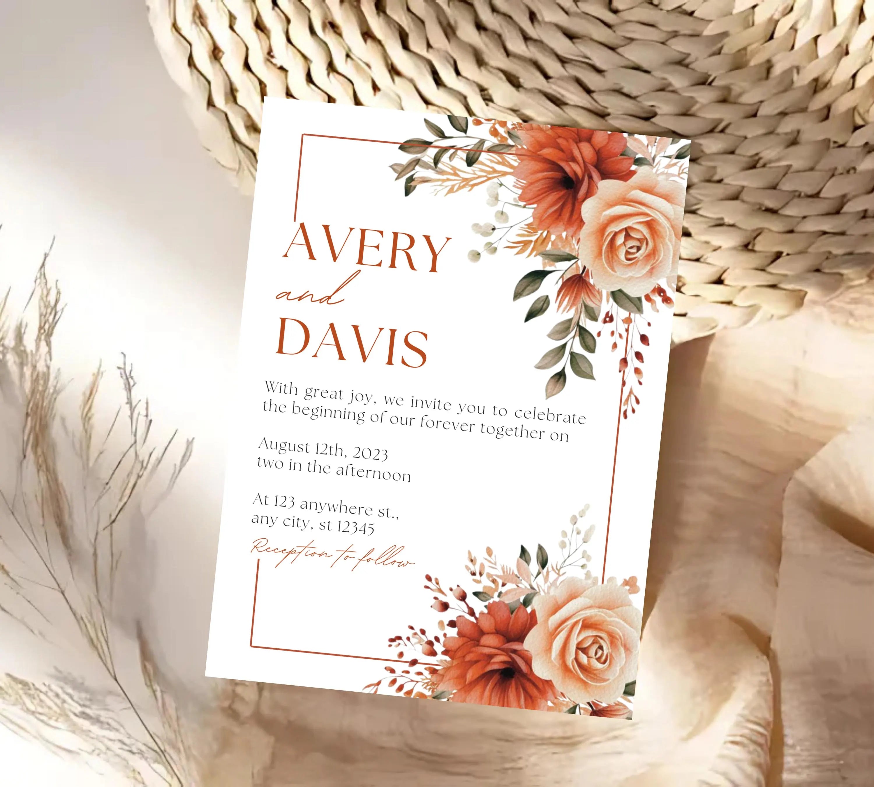 Autumn Floral Wedding Invitation, Fall Wildflower Wedding Invitation Suite, Fall Floral Wedding Invitation, Burnt Orange Rose Wedding Invite
