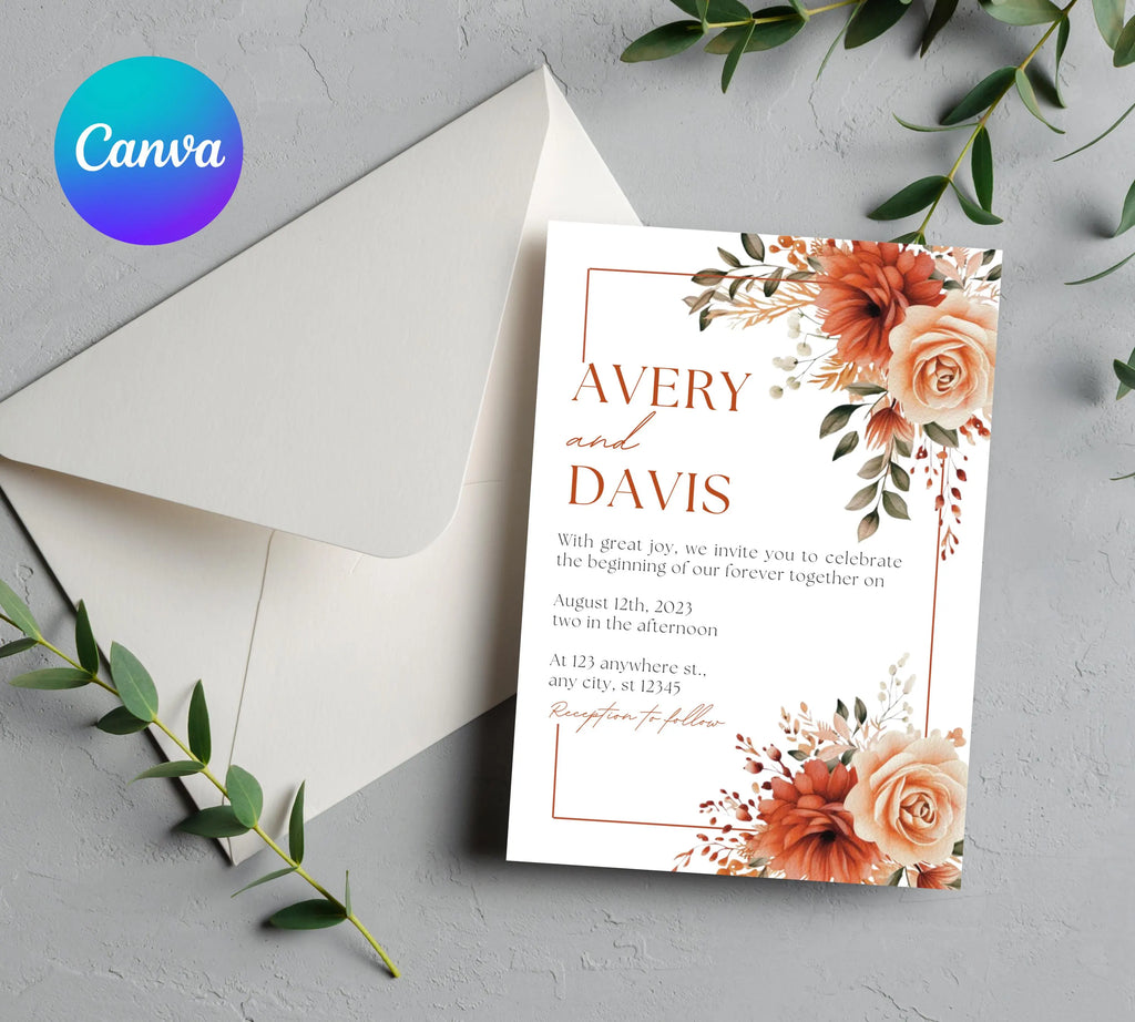 Autumn Floral Wedding Invitation, Fall Wildflower Wedding Invitation Suite, Fall Floral Wedding Invitation, Burnt Orange Rose Wedding Invite