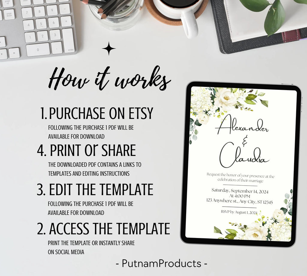 Minimalist Greenery and White Floral Invite, Wildflower Wedding Invitation, Sage Green Boho Wedding Invitation Suite, White and Green Invite