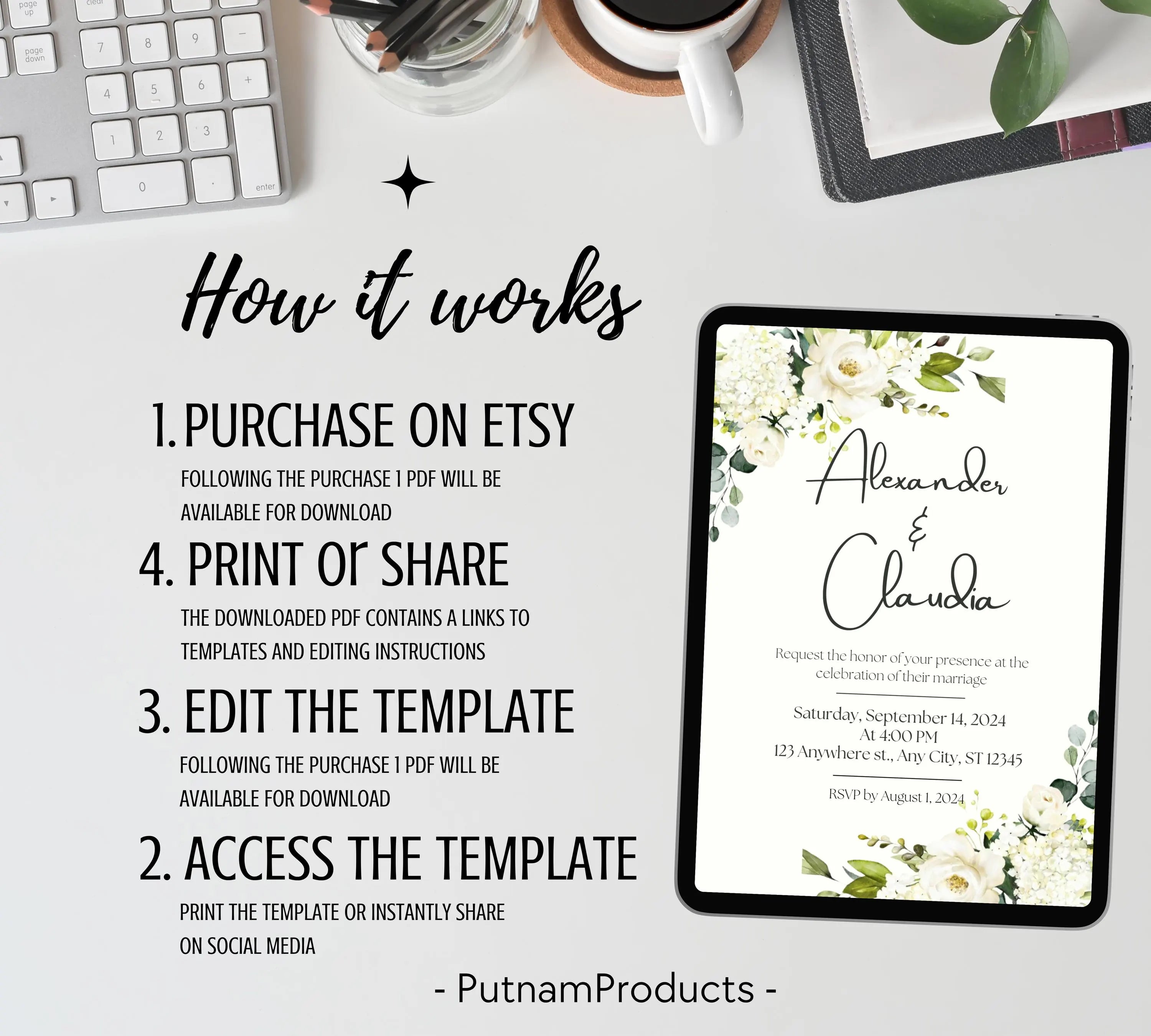 Minimalist Greenery and White Floral Invite, Wildflower Wedding Invitation, Sage Green Boho Wedding Invitation Suite, White and Green Invite