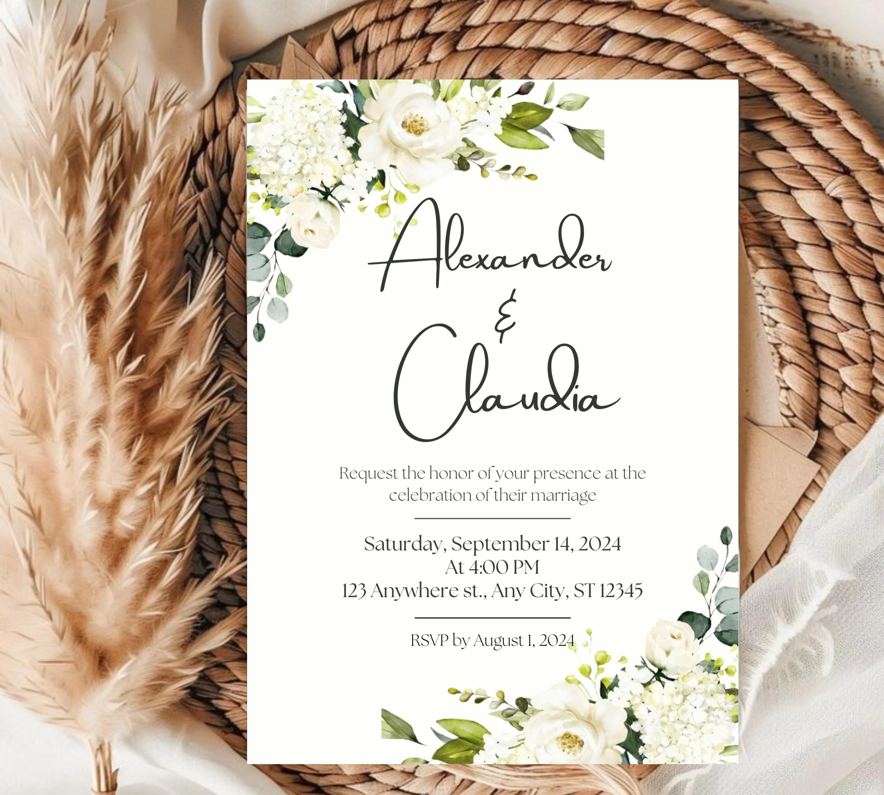 Minimalist Greenery and White Floral Invite, Wildflower Wedding Invitation, Sage Green Boho Wedding Invitation Suite, White and Green Invite