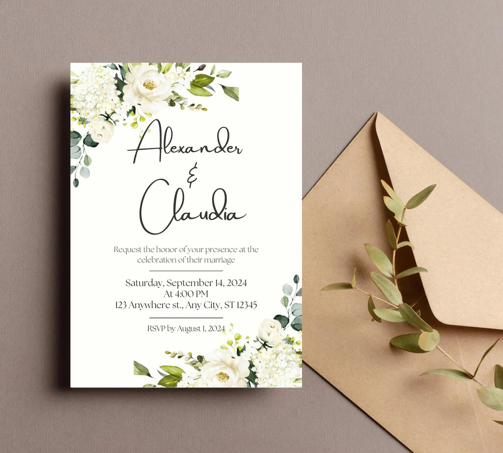 Minimalist Greenery and White Floral Invite, Wildflower Wedding Invitation, Sage Green Boho Wedding Invitation Suite, White and Green Invite