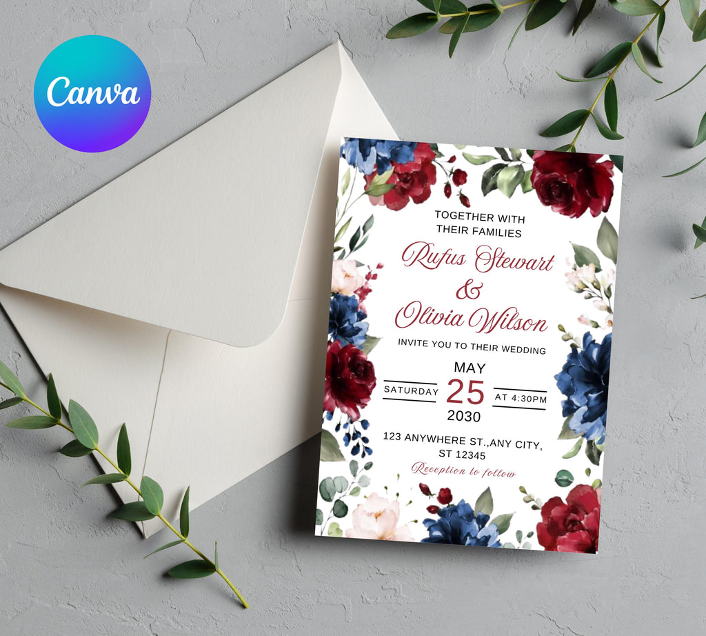 Navy Blue and Red Burgundy Floral Wedding Invitation Template Set with RSVP Card and Details Card, Sage Marsala Floral Details Card