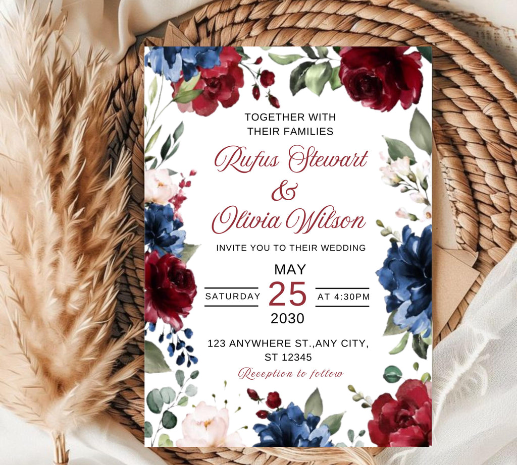 Navy Blue and Red Burgundy Floral Wedding Invitation Template Set with RSVP Card and Details Card, Sage Marsala Floral Details Card