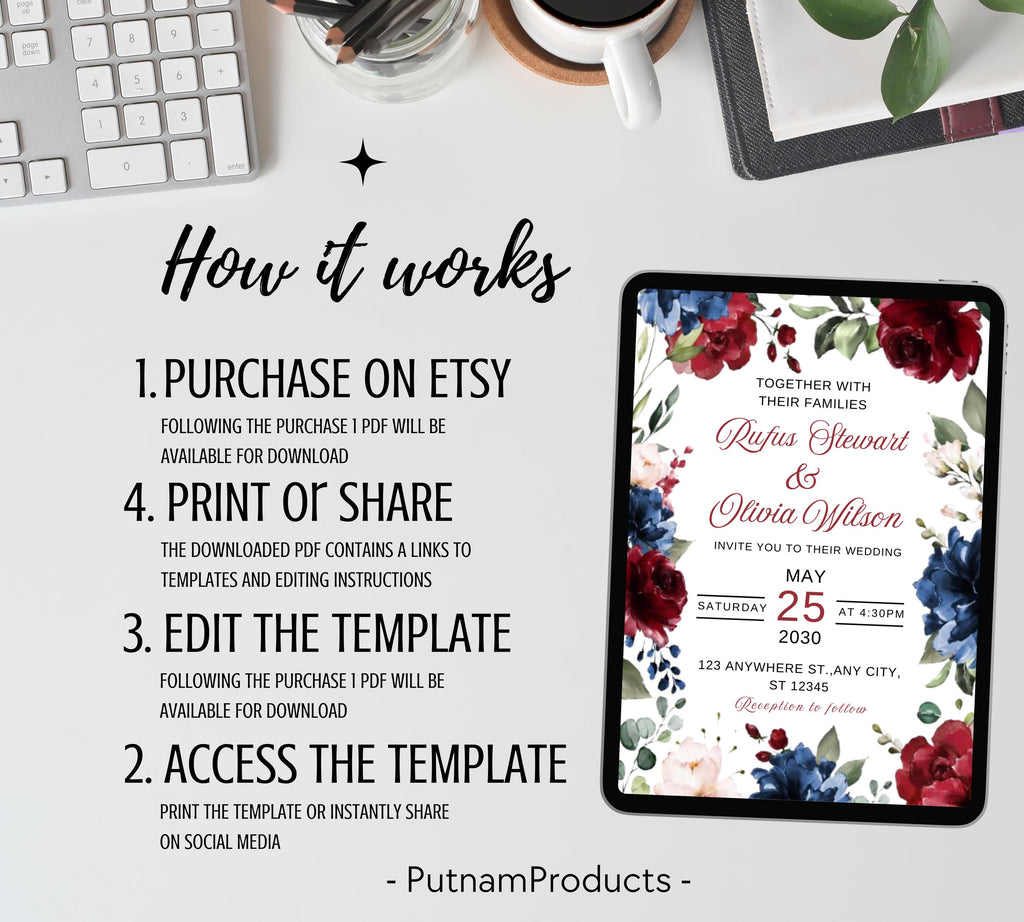Navy Blue and Red Burgundy Floral Wedding Invitation Template Set with RSVP Card and Details Card, Sage Marsala Floral Details Card