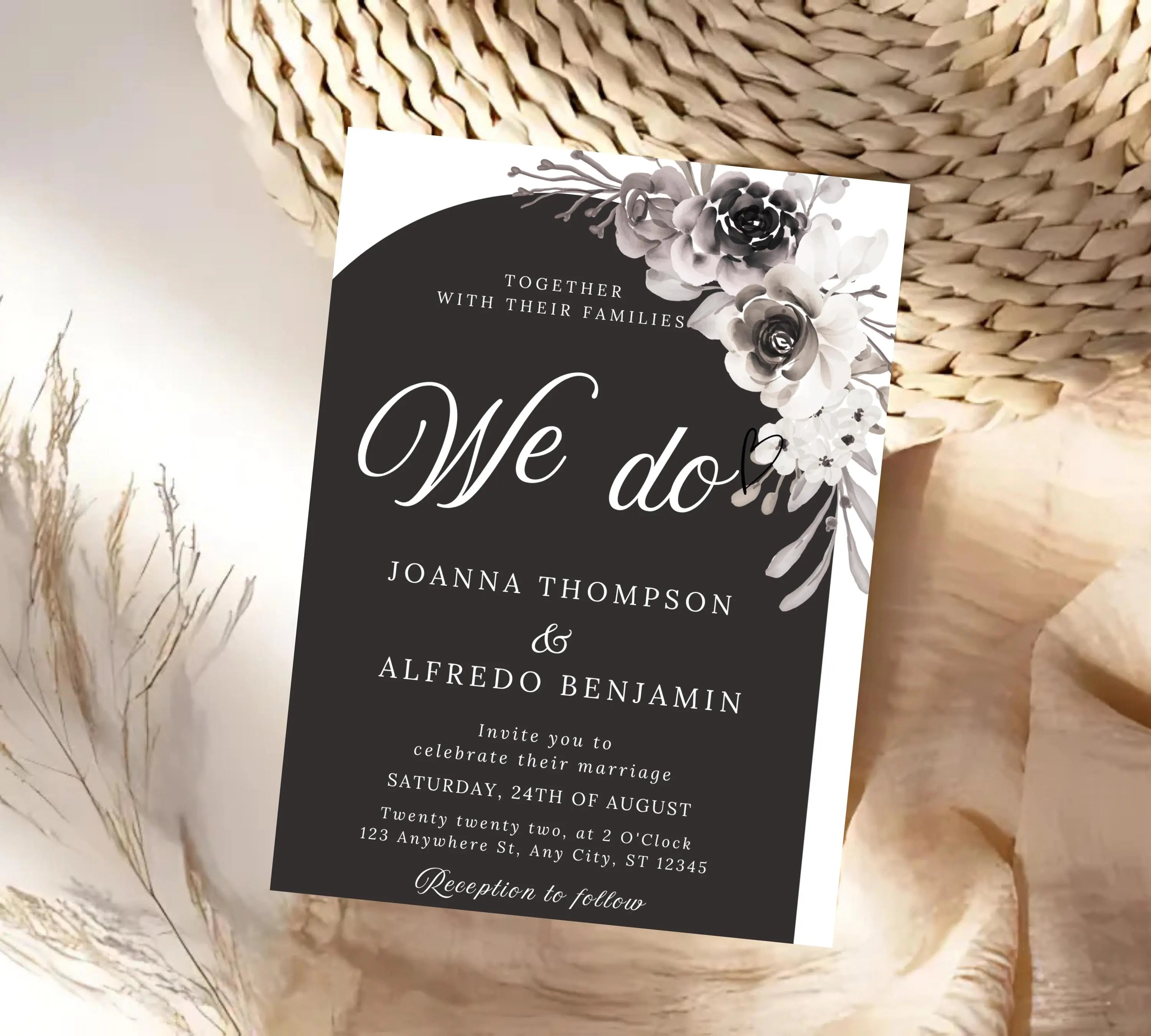Editable Modern Floral Arch Wedding Invite, Black & White Floral Arch Wedding Invitation, Elegant Minimalist Peonies Invite