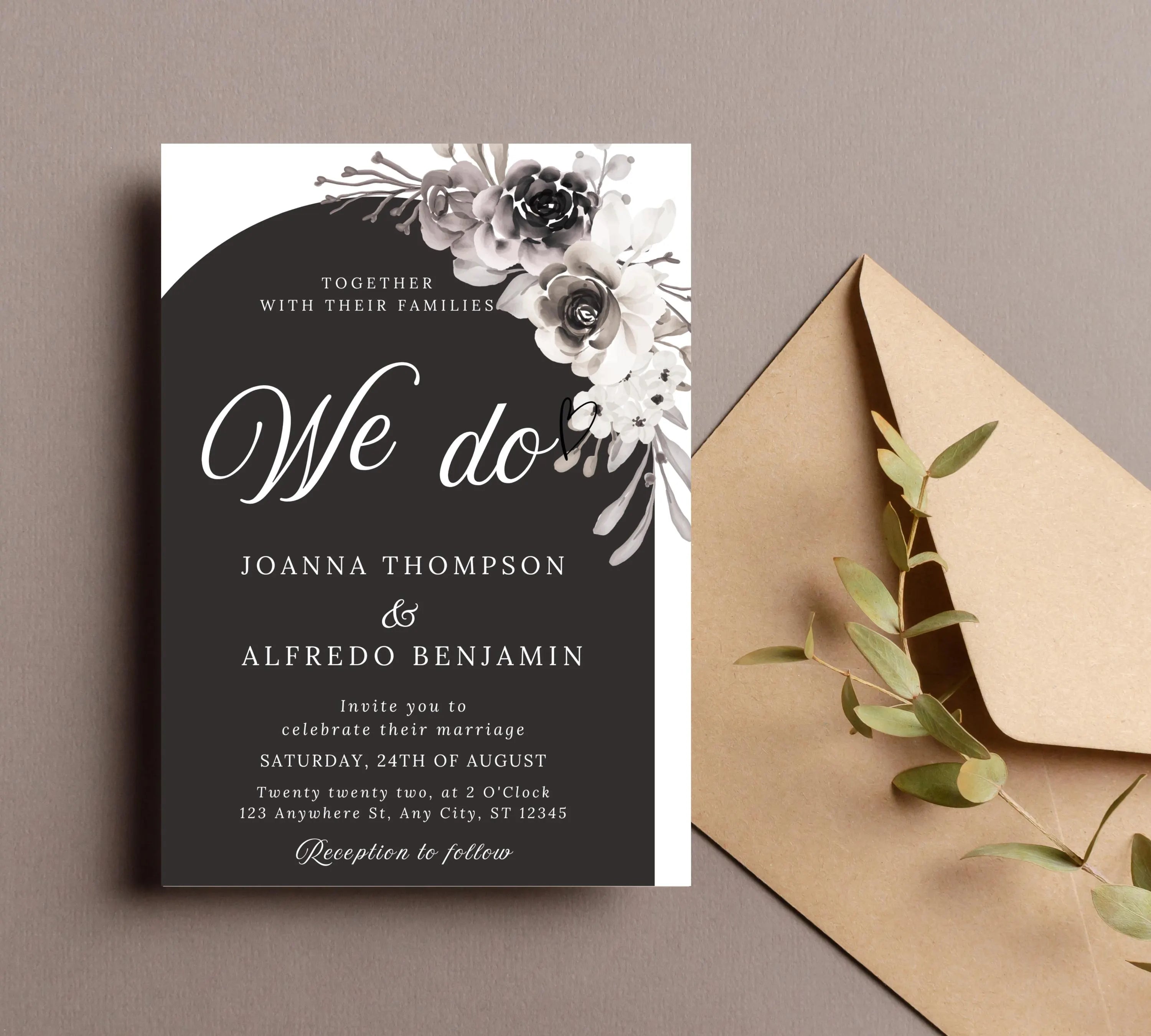 Editable Modern Floral Arch Wedding Invite, Black & White Floral Arch Wedding Invitation, Elegant Minimalist Peonies Invite