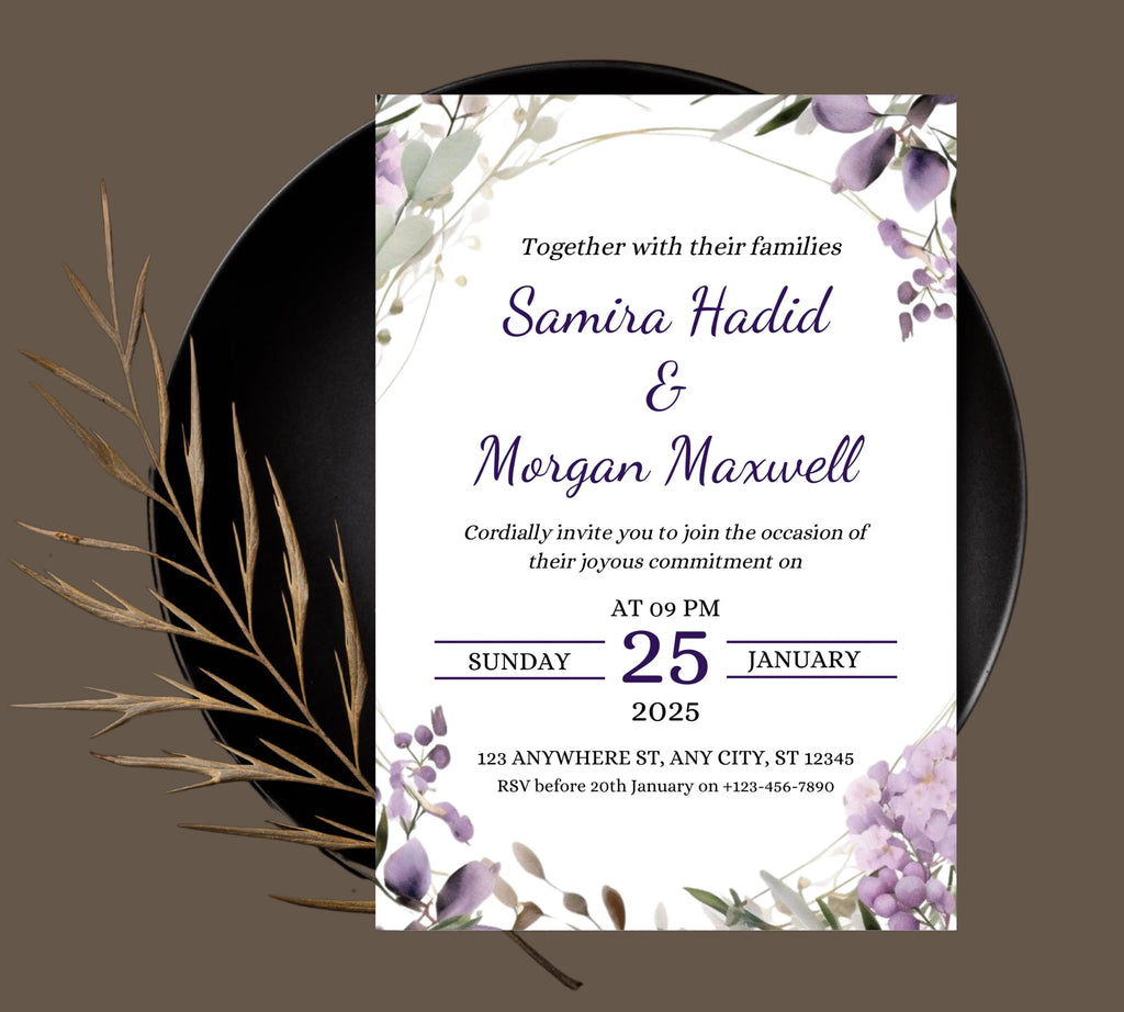 Editable Lavender Lilac Wedding Invitation Template, Floral Boho Invites Suite, Elegant Purple Flowers Garden Wedding Invitation