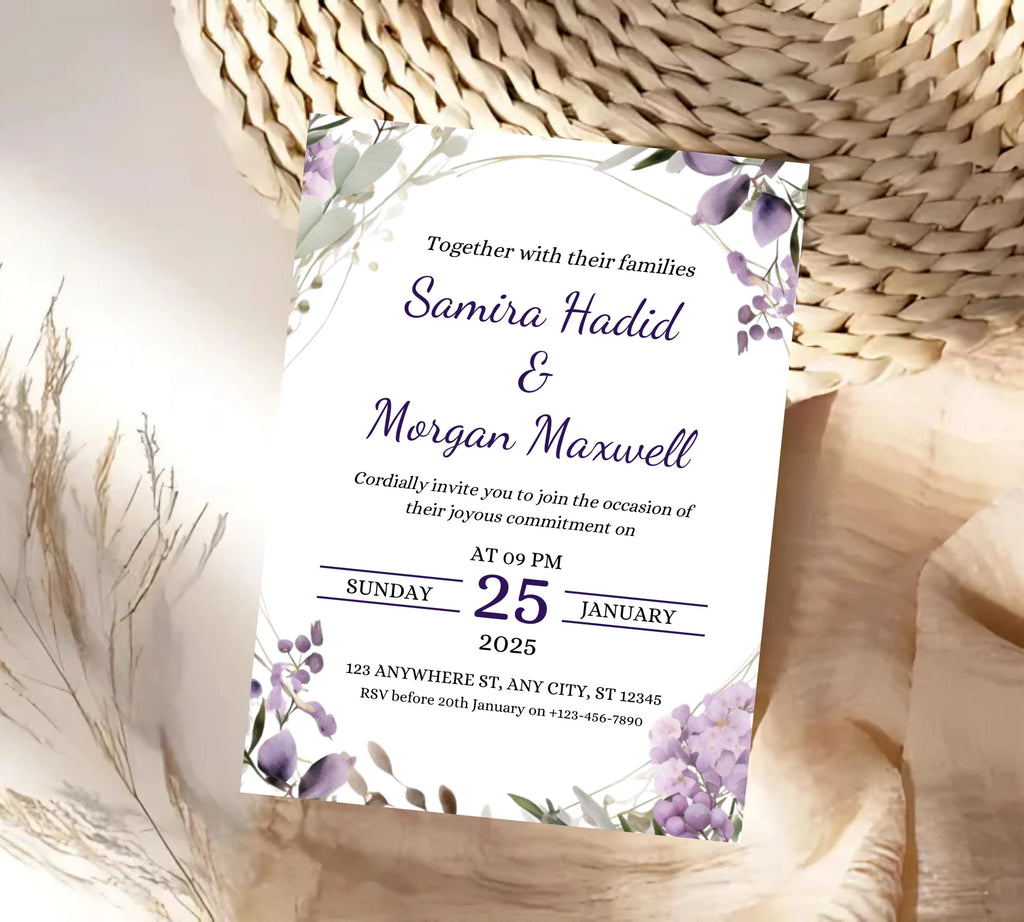 Editable Lavender Lilac Wedding Invitation Template, Floral Boho Invites Suite, Elegant Purple Flowers Garden Wedding Invitation