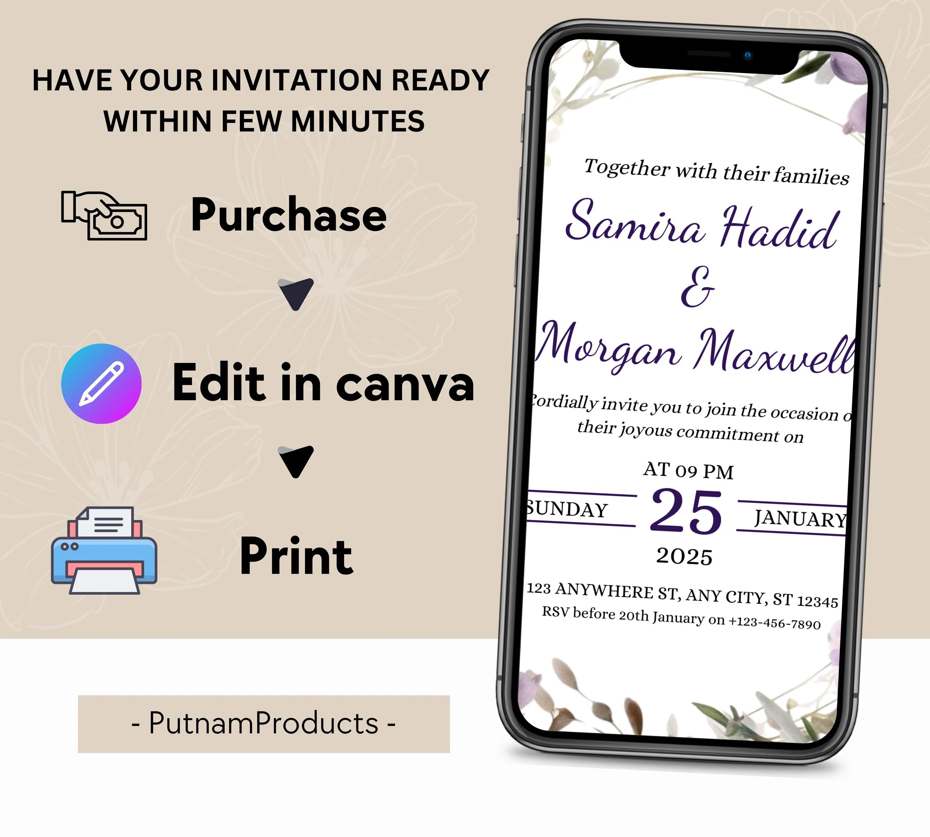 Editable Lavender Lilac Wedding Invitation Template, Floral Boho Invites Suite, Elegant Purple Flowers Garden Wedding Invitation