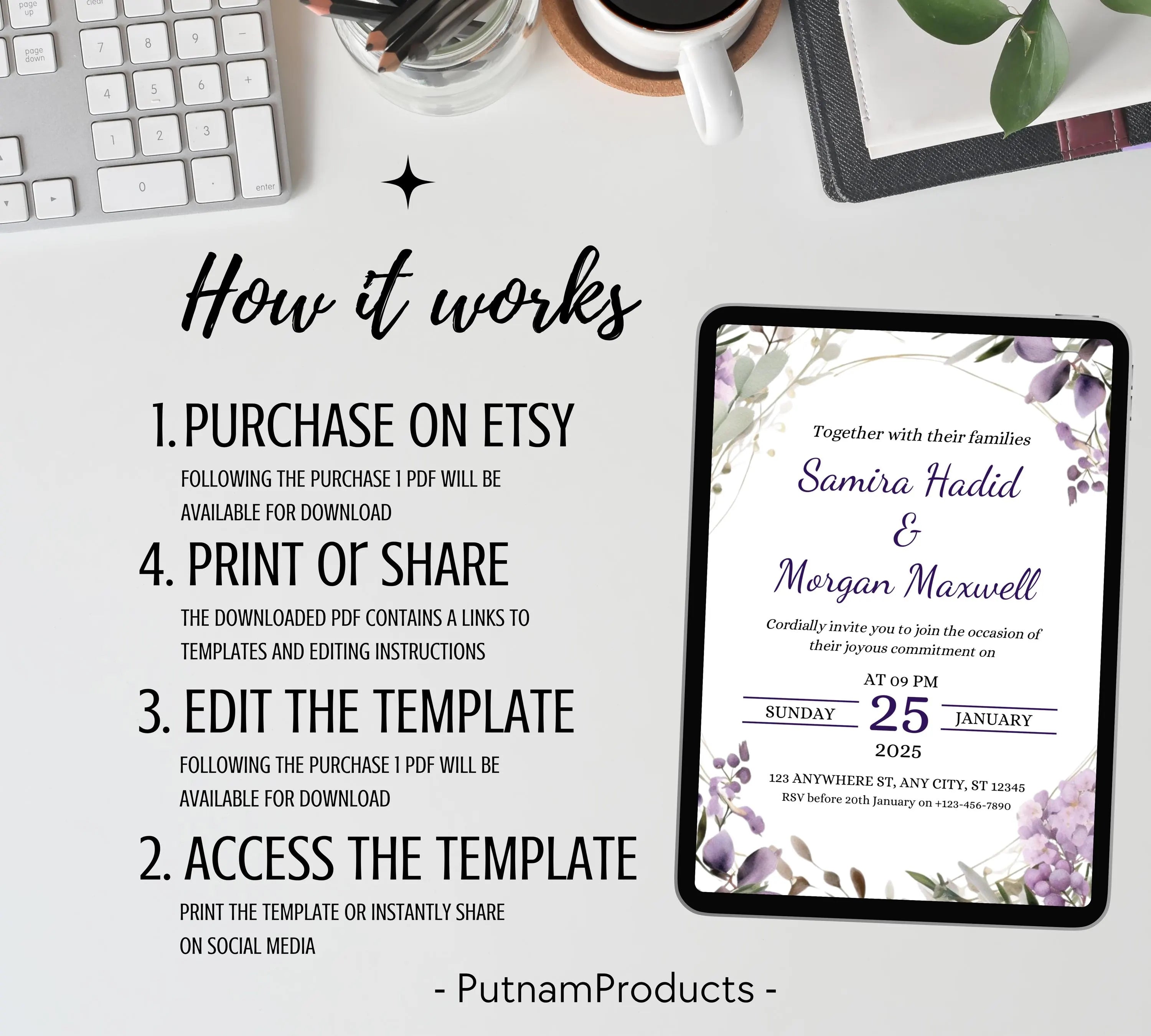Editable Lavender Lilac Wedding Invitation Template, Floral Boho Invites Suite, Elegant Purple Flowers Garden Wedding Invitation