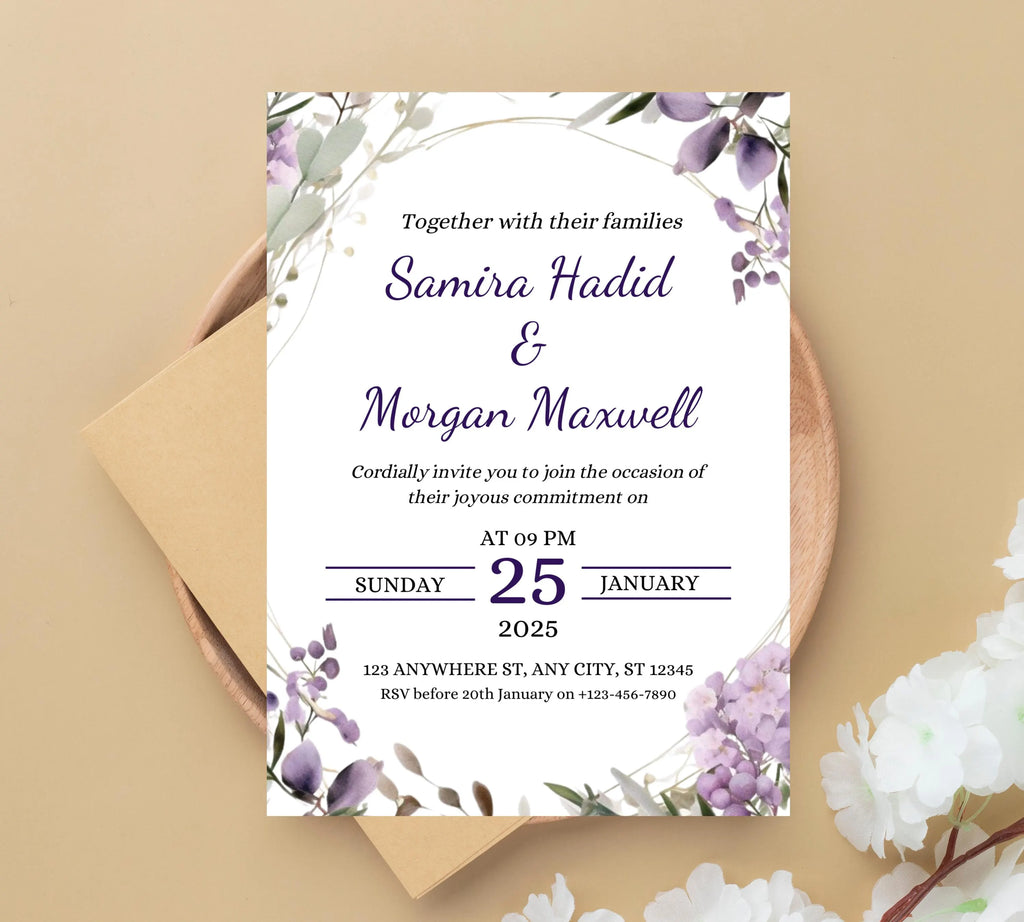 Editable Lavender Lilac Wedding Invitation Template, Floral Boho Invites Suite, Elegant Purple Flowers Garden Wedding Invitation