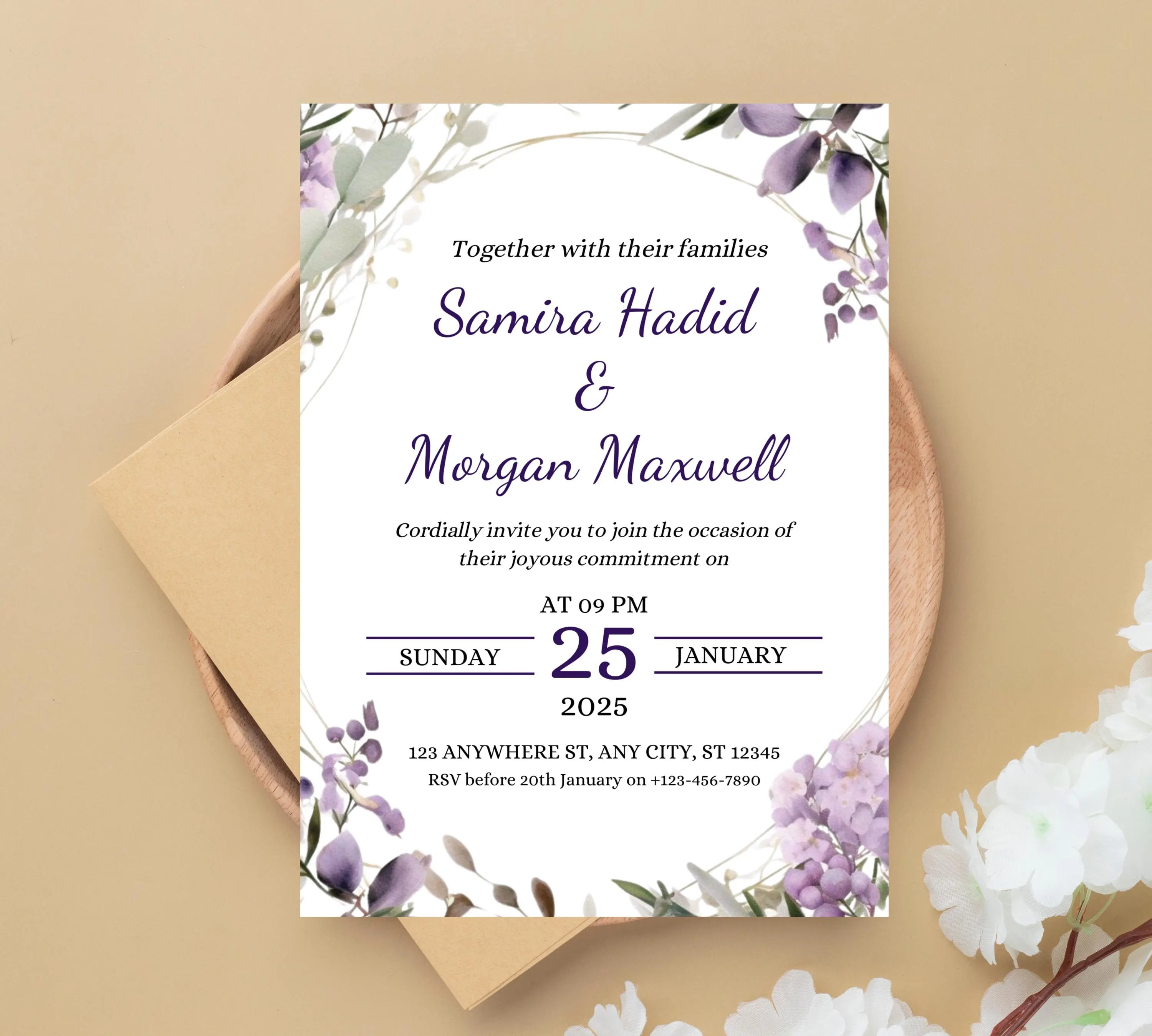 Editable Lavender Lilac Wedding Invitation Template, Floral Boho Invites Suite, Elegant Purple Flowers Garden Wedding Invitation