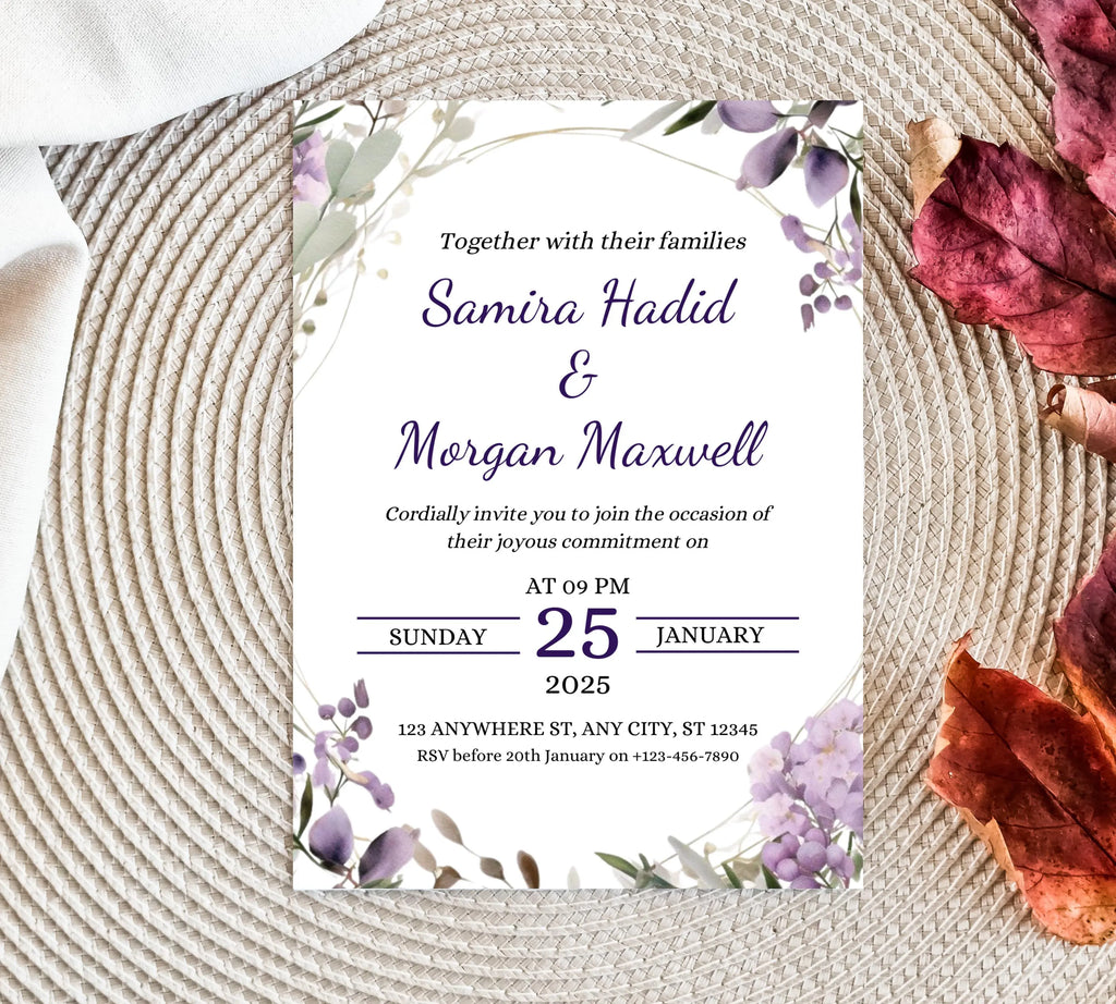 Editable Lavender Lilac Wedding Invitation Template, Floral Boho Invites Suite, Elegant Purple Flowers Garden Wedding Invitation
