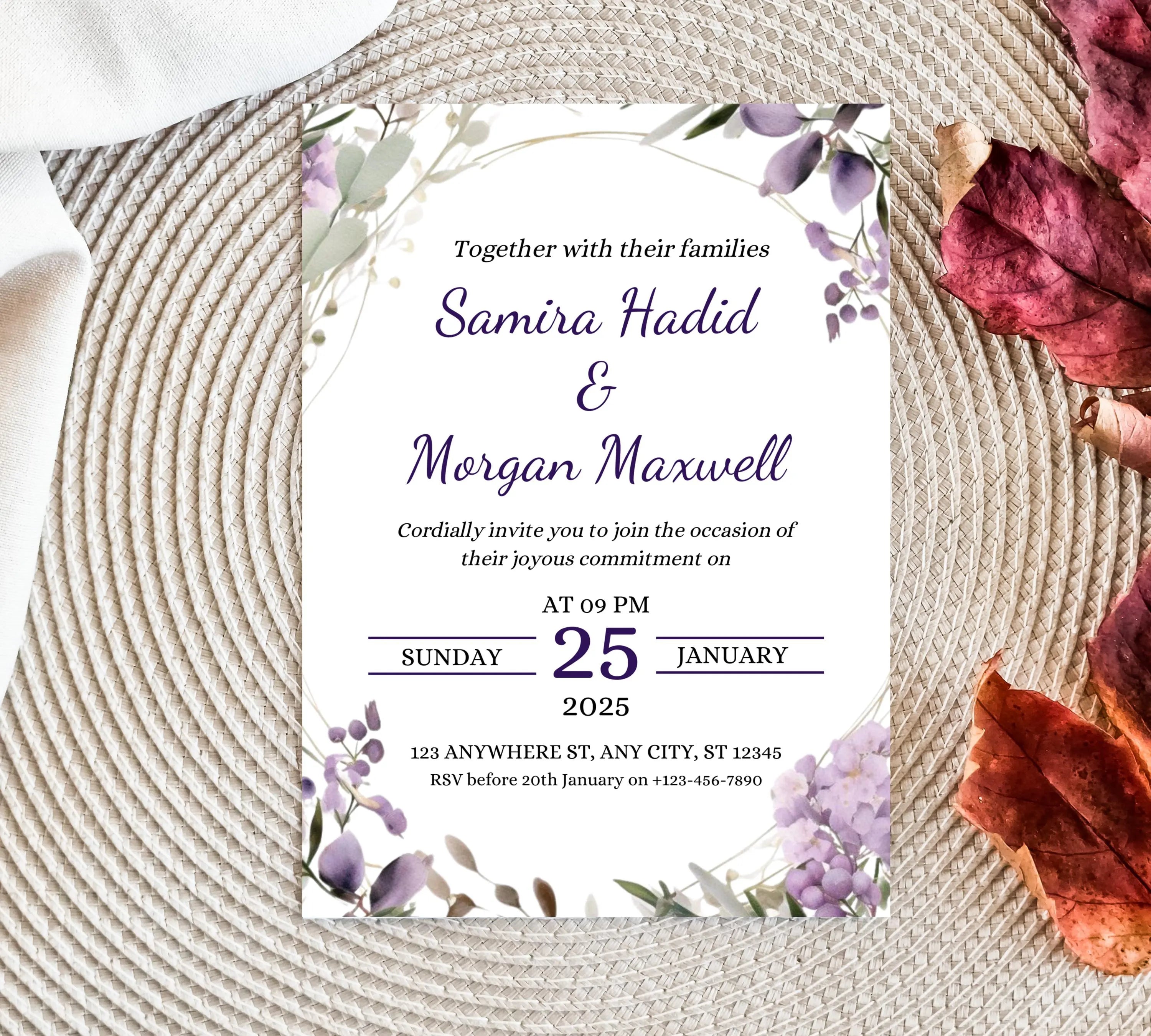 Editable Lavender Lilac Wedding Invitation Template, Floral Boho Invites Suite, Elegant Purple Flowers Garden Wedding Invitation